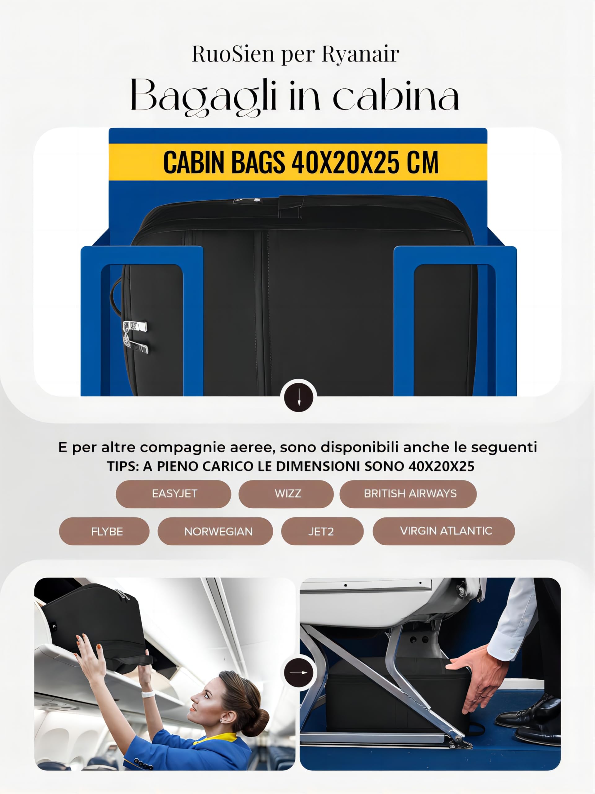 RuoSien per Zaino Ryanair 40x20x25, Zaino Bagaglio a Mano 40x20x25 per Ryanair,zaino da viaggio aereo bagaglio a mano zaino aereo per Ryanair e Altri Aerei Con Tasca Antifurto