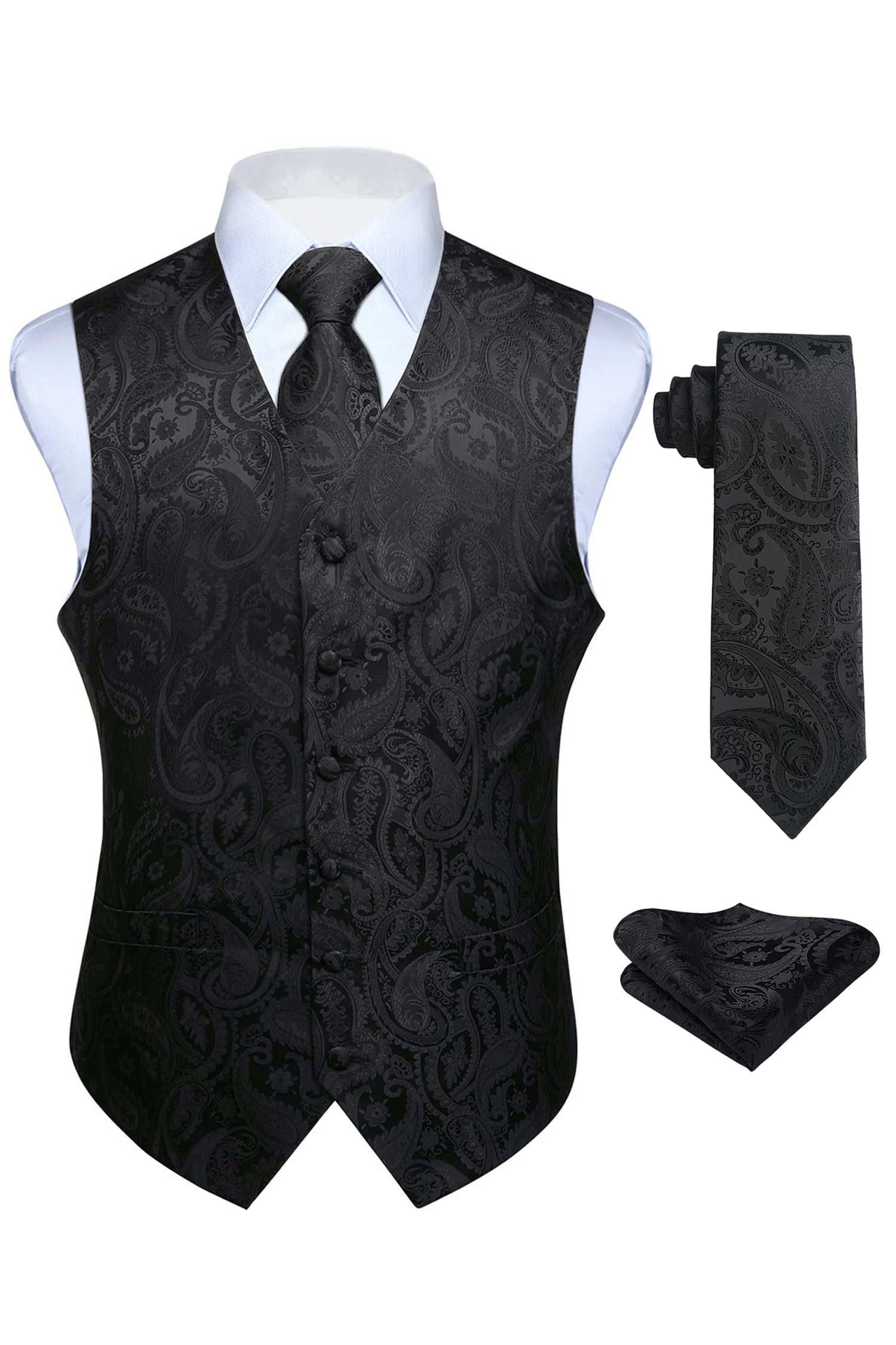 Enlision three-piece paisley vest set with tie and pocket square black lightweight polyester-cotton blend