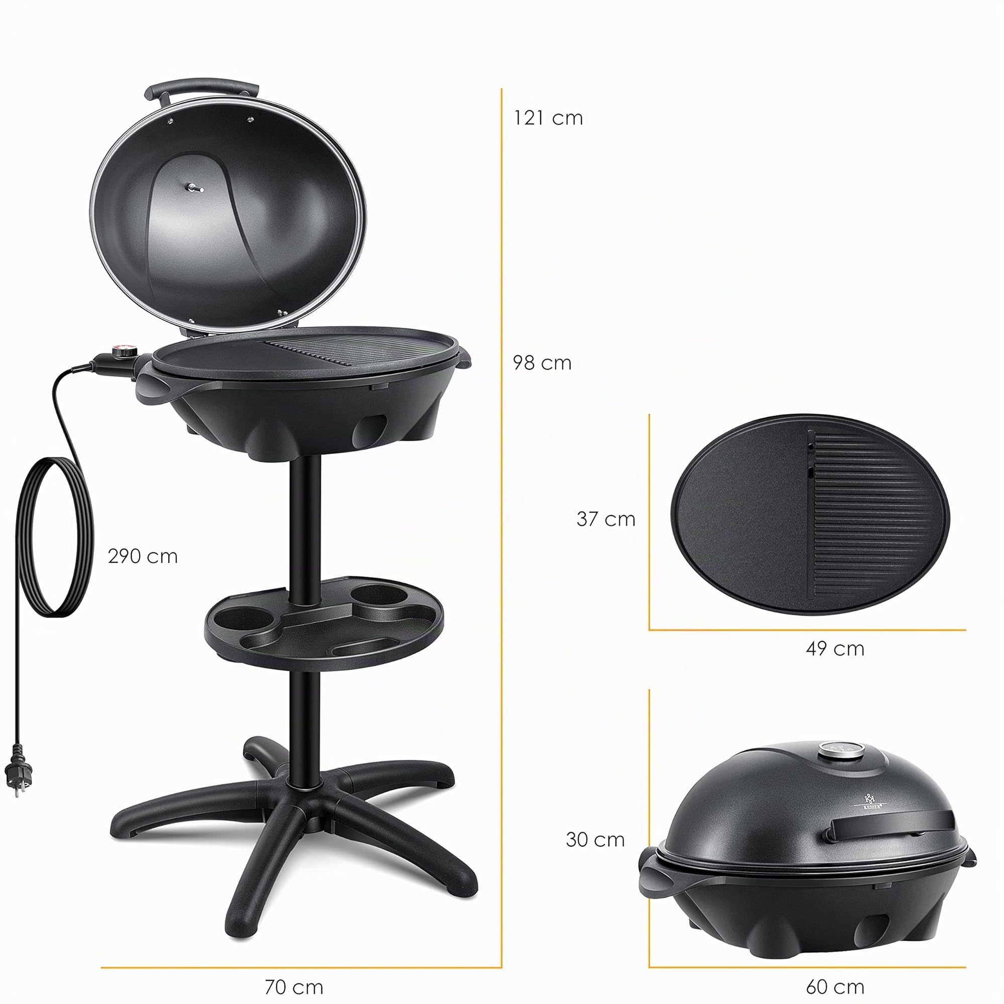 KESSER® Barbecue elettrico 2in1, grill da tavolo con supporto per coperchio | termometro max. 2400 watt | rivestimento antiaderente | piastra XXL | ripiano integrato grill elettrico