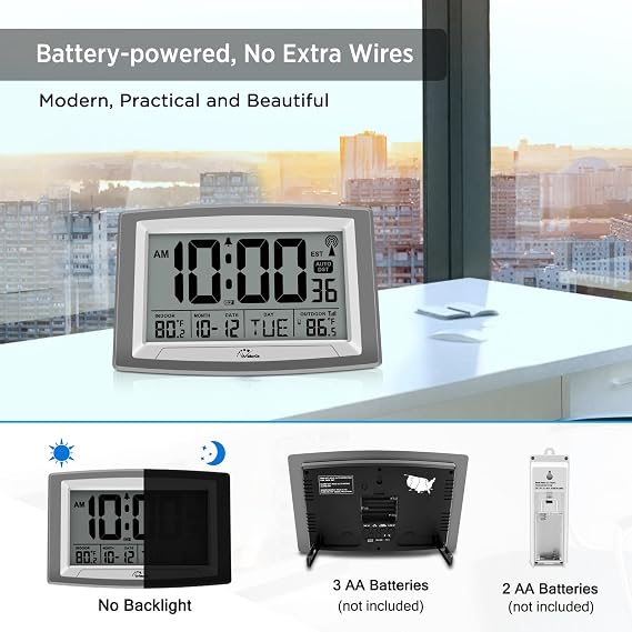 Atomic Clock 12.5 Inch Self-Setting Digital Wall Clock | Indoor/Outdoor Temperature, Battery Operated Wall Clocks or Desk Clocks, Large Display for Classroom, Garage, Office