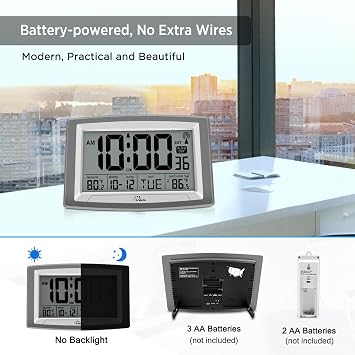 Atomic Clock 12.5 Inch Self-Setting Digital Wall Clock | Indoor/Outdoor Temperature, Battery Operated Wall Clocks or Desk Clocks, Large Display for Classroom, Garage, Office