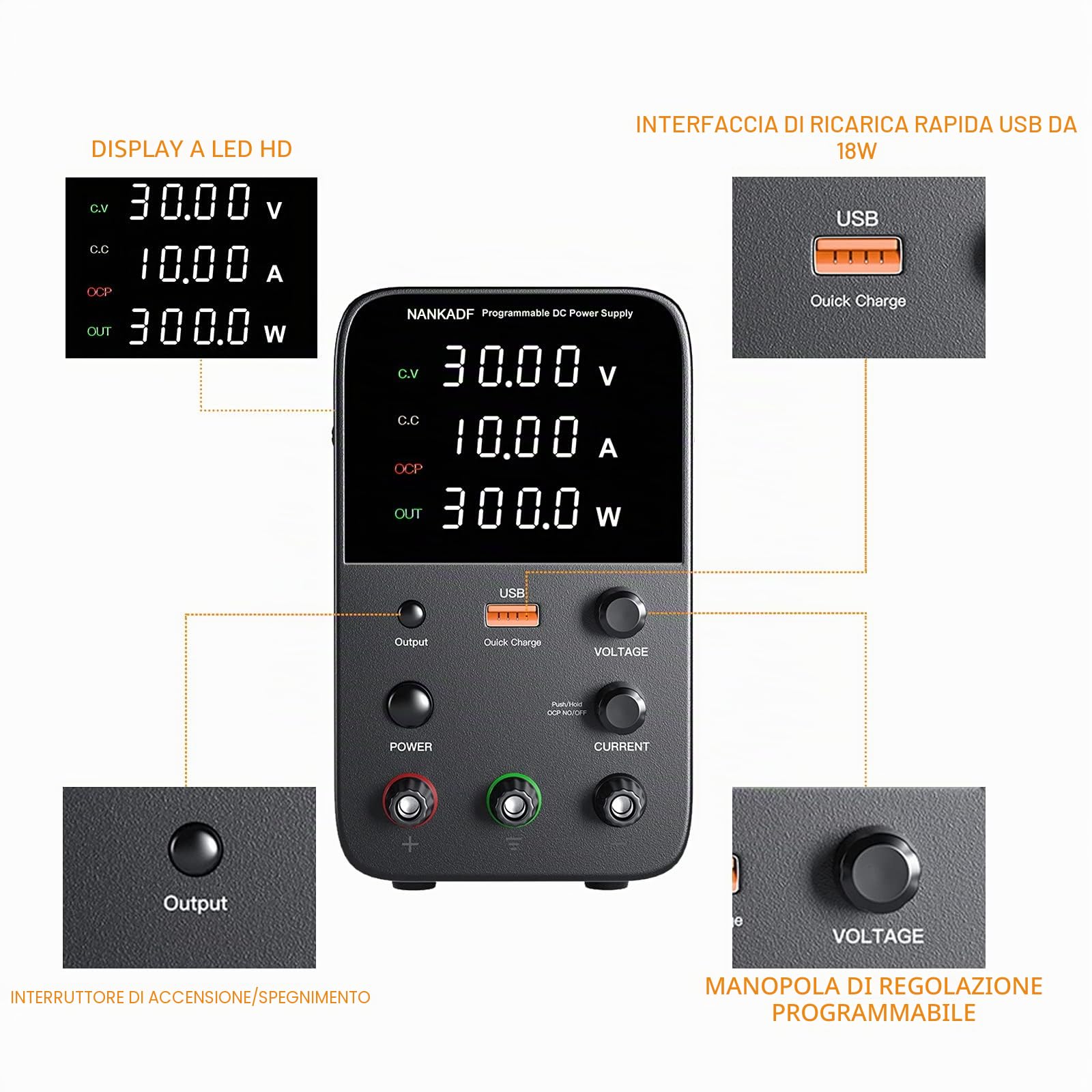 Alimentatore da laboratorio (0-30V, 0-10A) alimentatore DC regolabile, display LED a 4 cifre, con porta di ricarica USB, alimentatore switching, pulsante OUTPUT/manopola encoder