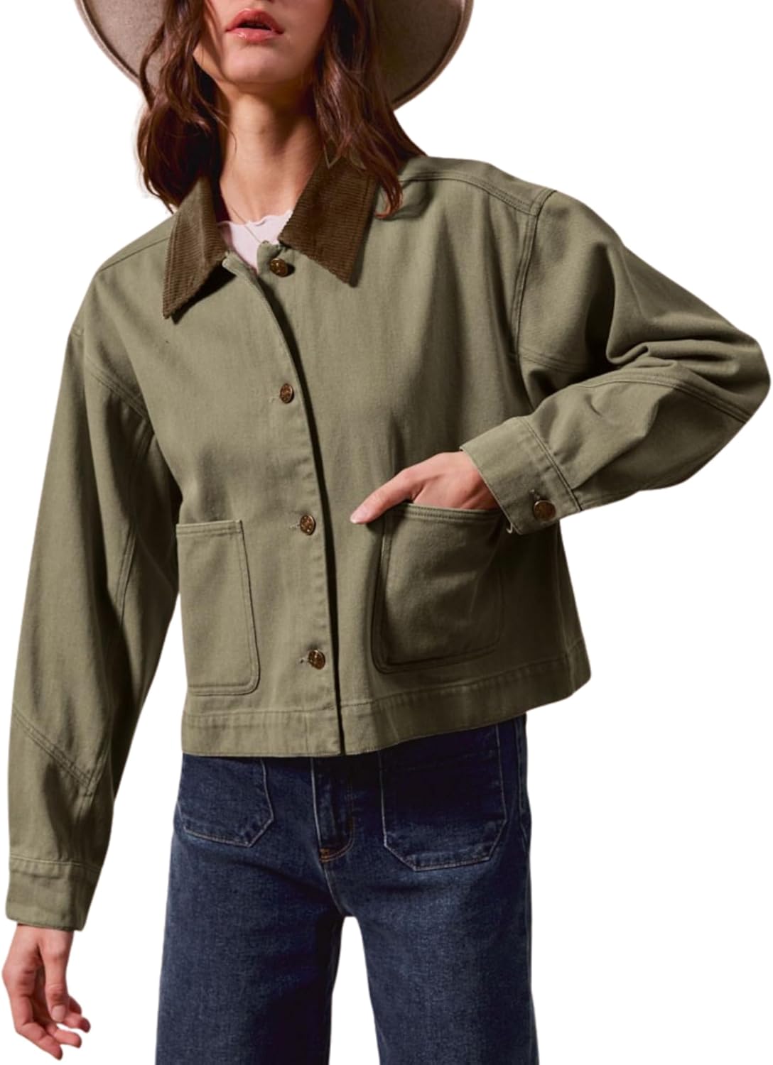 Women’s Cropped Barn Jacket Button Down Cord Collar Jacket with Pockets Trendy Work Outerwear