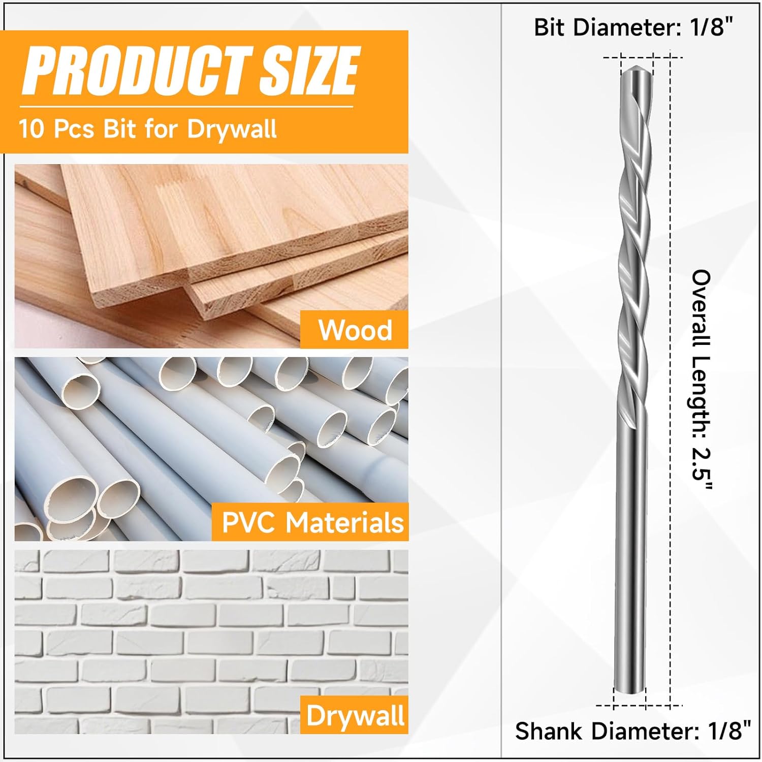 10PCS 1/8-Inch Drywall Guidepoint Cutting Bits For Cutting Drywall, High Speed Steel, Use with Spiral Saw(Only Router Bit)