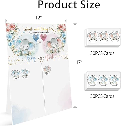 Miniatura 2 de Tablero de revelación de género para bebés con soporte, 60 calcomanías de elefante para niños y niñas para invitados a fiestas, él o ella, juego de