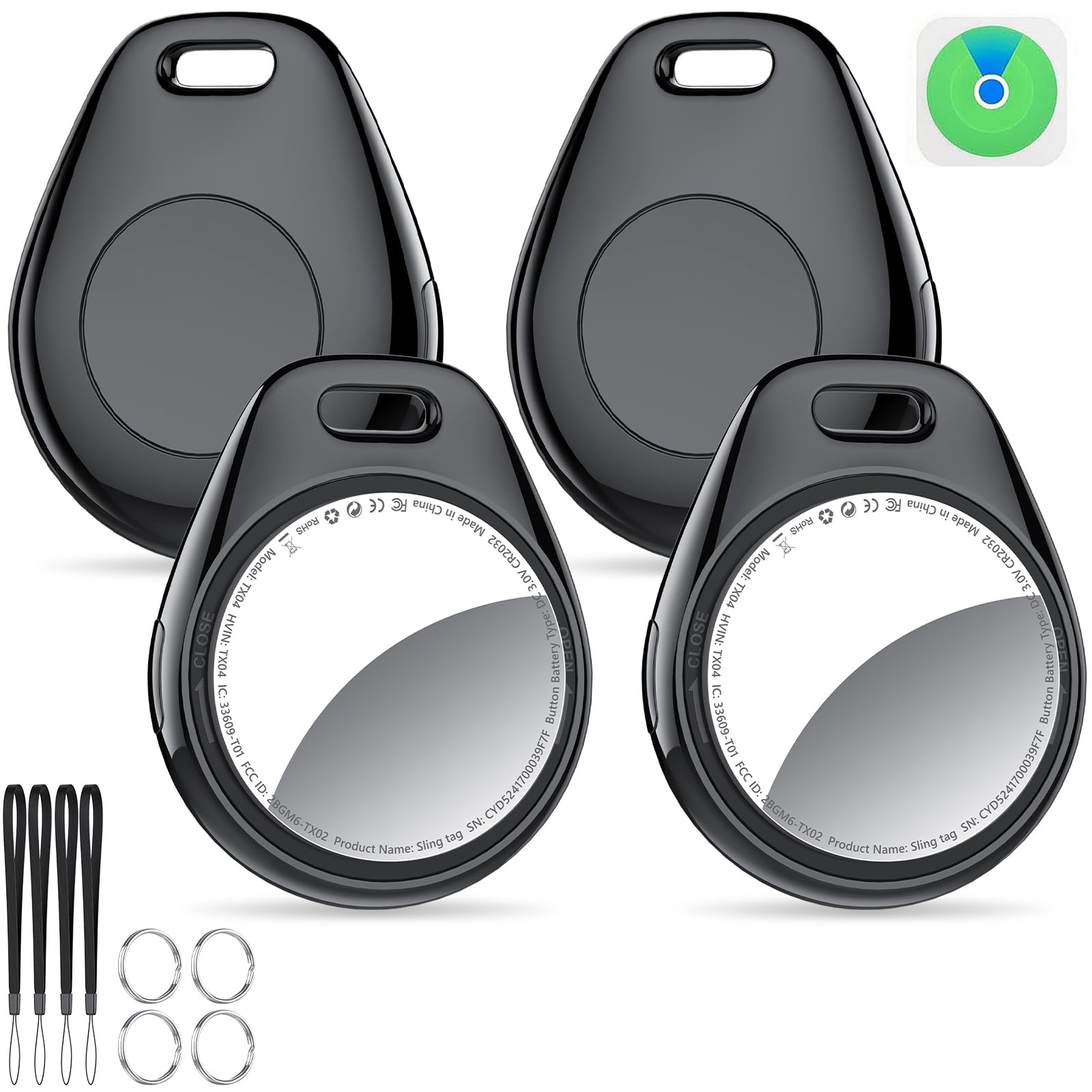 Tukio エアタグ 紛失防止タグ airtags (黒 4点セット)【2026最新 MFI認証品Apple Find My対応 タグ 安定保証＆全球IOS測位＆バッテリー内蔵】gps 小型バレない 忘れ物防止 タグ 超軽量エアタグ 盗難防止スマートトラッカー 電池交換可能エアータグ 超長持ち 子供/高齢者/ペット見守り 鍵/車両追跡 キーホルダー付きソフトシリコンカバー＆ナイロンストラップ付き
