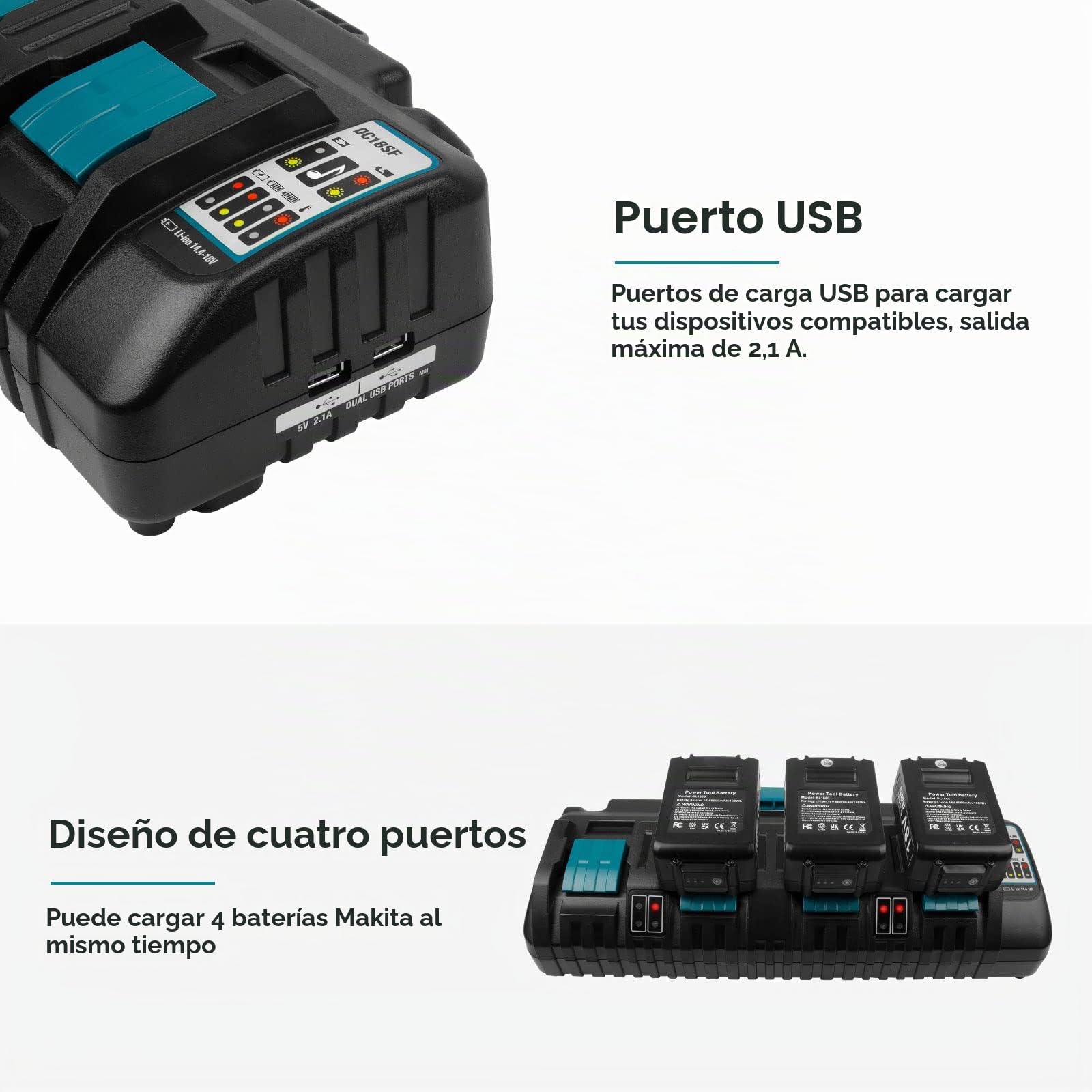 DC18SF 14,4V-18V Cargador para Makita Batería ASUNCELL 3A 4 Puertos Cargador de Repuesto para Makita LXT DC18RD DC18RC Li-ion Cargador Rápido BL1415 BL1430 (enchufe europeo 110-230 V)