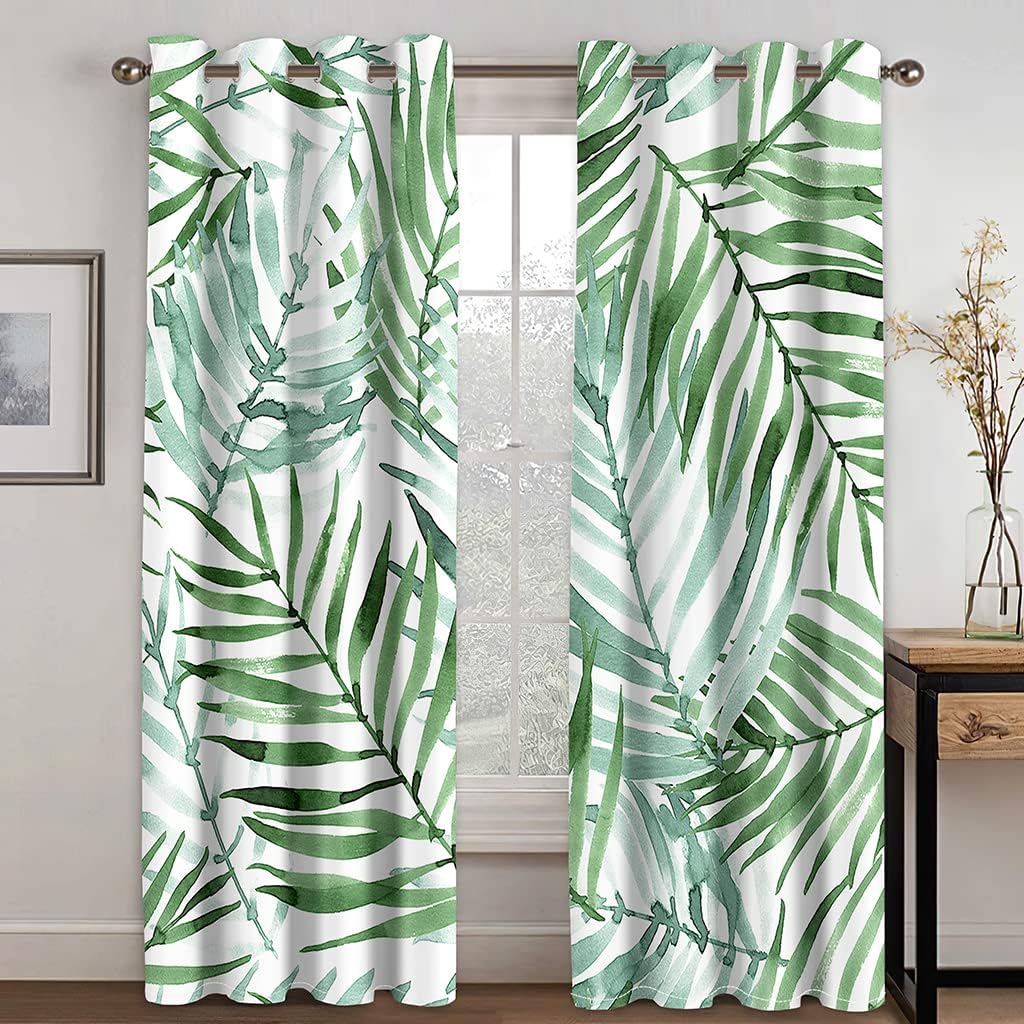 Green Leaf Curtains, Tropical Blackout Curtains for Bedroom Living Room