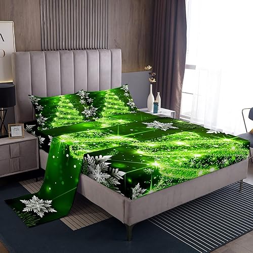 Miniatura 7 de Erosebridal Juego de sábanas con diseño de copo de nieve blanco degradado azul, 4 piezas, sábana bajera ajustable de Feliz Navidad, regalo de Año