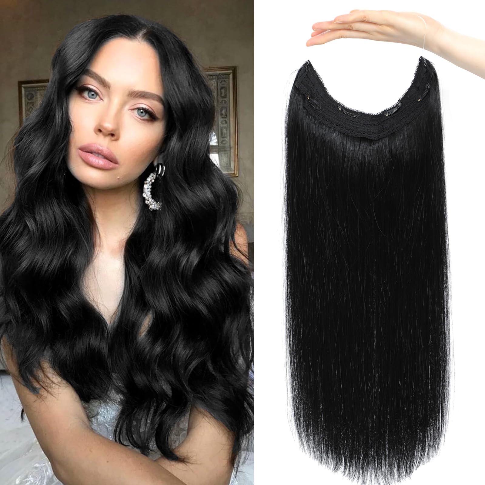 Amazon.com : Jet Black Human Hair Halo Extensions,Invisible 