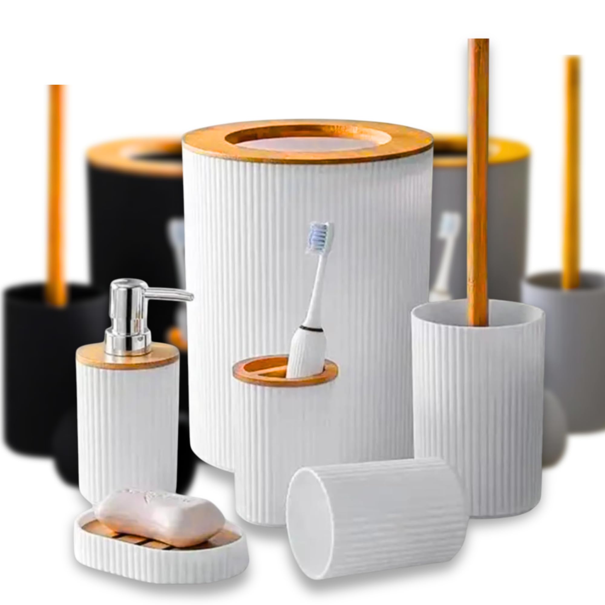 6-Piece Bathroom Accessories Set - Modern Bathroom Decor Set with Toothbrush Cup & Holder, Soap Dispenser, Soap Dish, Toilet Brush with Holder, Trash Can – Decorative Bathroom Organizer (White R)