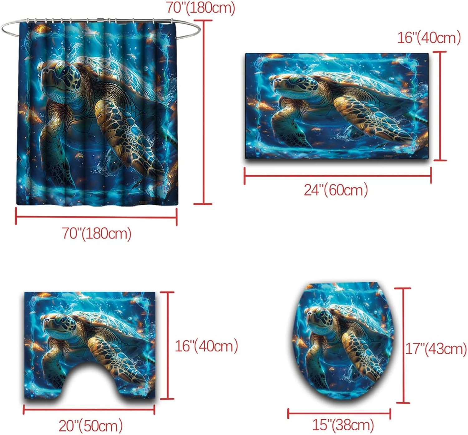 4Pcs Blue Sea Turtle Bathroom Set - Sea Turtle Theme Shower Curtains with 12 Hooks, 70" x 70"