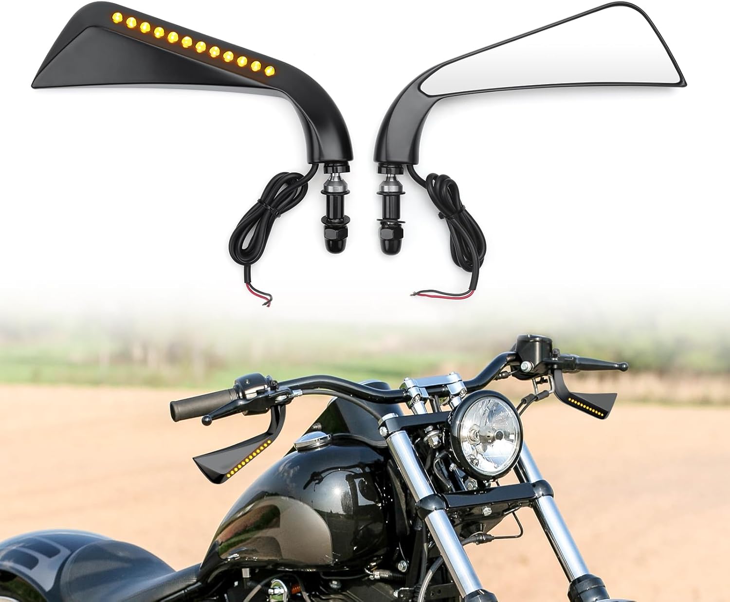 8MM Black Motorcycle Mirrors with LED Turn Signal, Handlebar Rear View Side Mirrors for Harley Davidson Touring Road King Street Glide Sportster Softail Dyna Cruiser Motorcyele Mirrors-Black