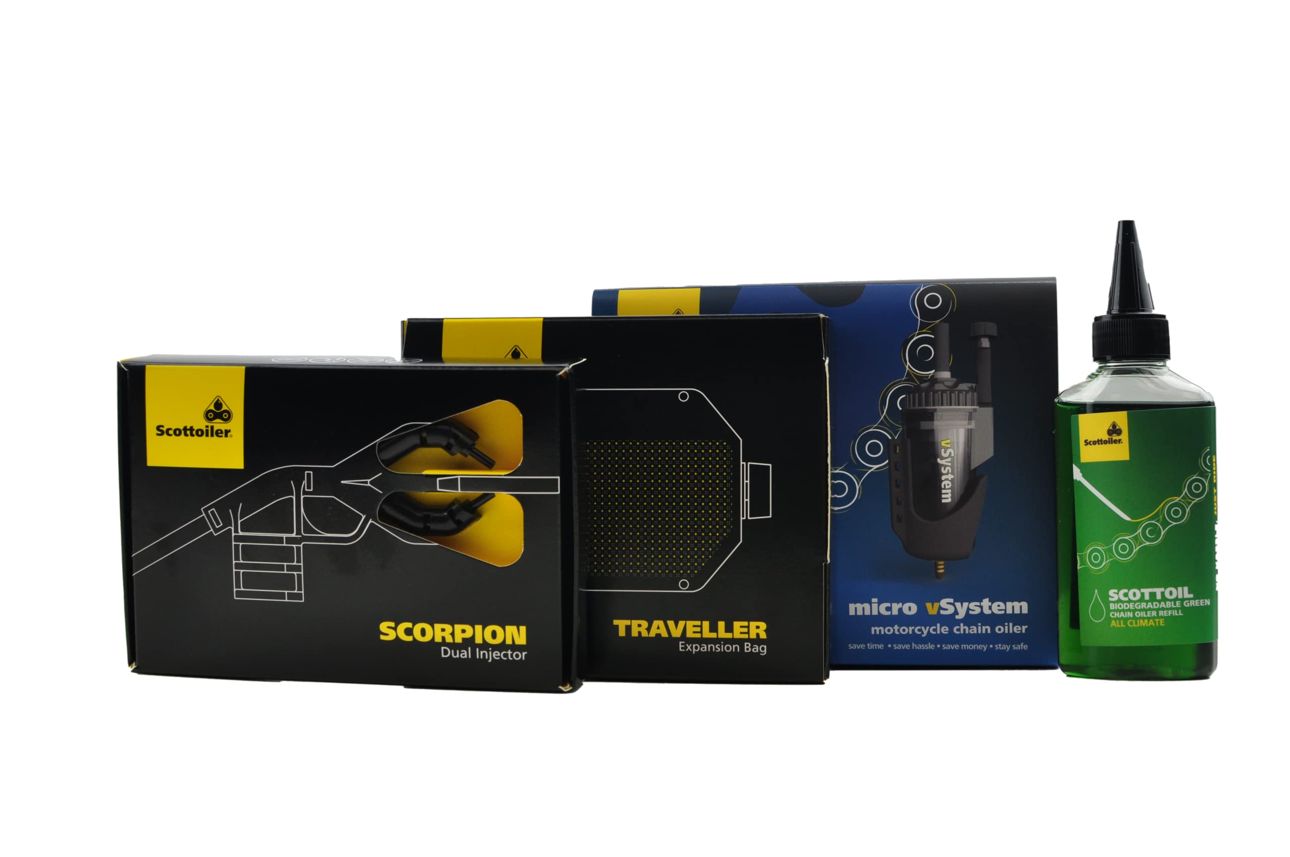 Scottoiler Bundle de Inicio Todo en Uno - Essentials micro-vSystem, Bolsa de Expansión Traveller, Inyector Dual Scorpion y aceite de recarga Scottoil Verde Biodegradable 250ml