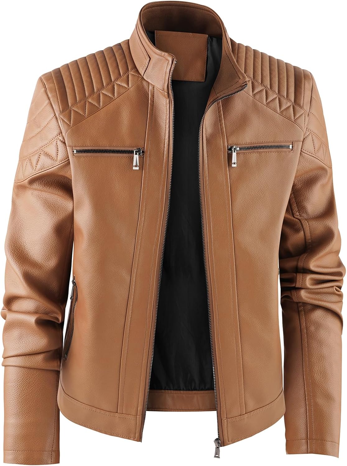 Men's Leather Jacket, Stand Collar PU Faux Leather, Zip-Up Motorcycle Bomber Jacket, Slim Fit Biker Coat