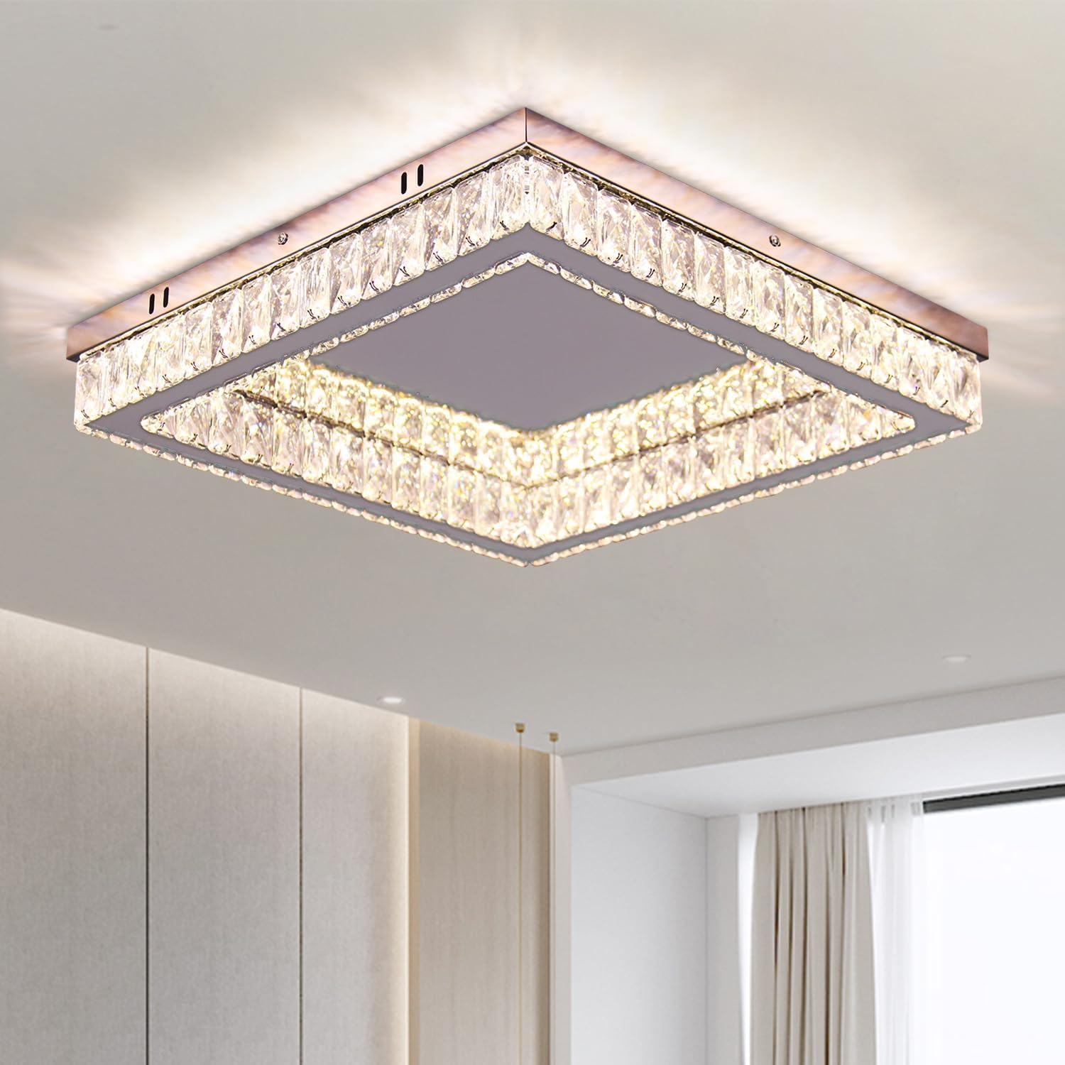 Finktonglan Plafón LED de cristal K9 cuadrado 45×45 cm, 2×28 W regulable 3000–6500 K con mando/APP, semiempotrado de perfil bajo en acero inoxidable para salón, dormitorio y comedor