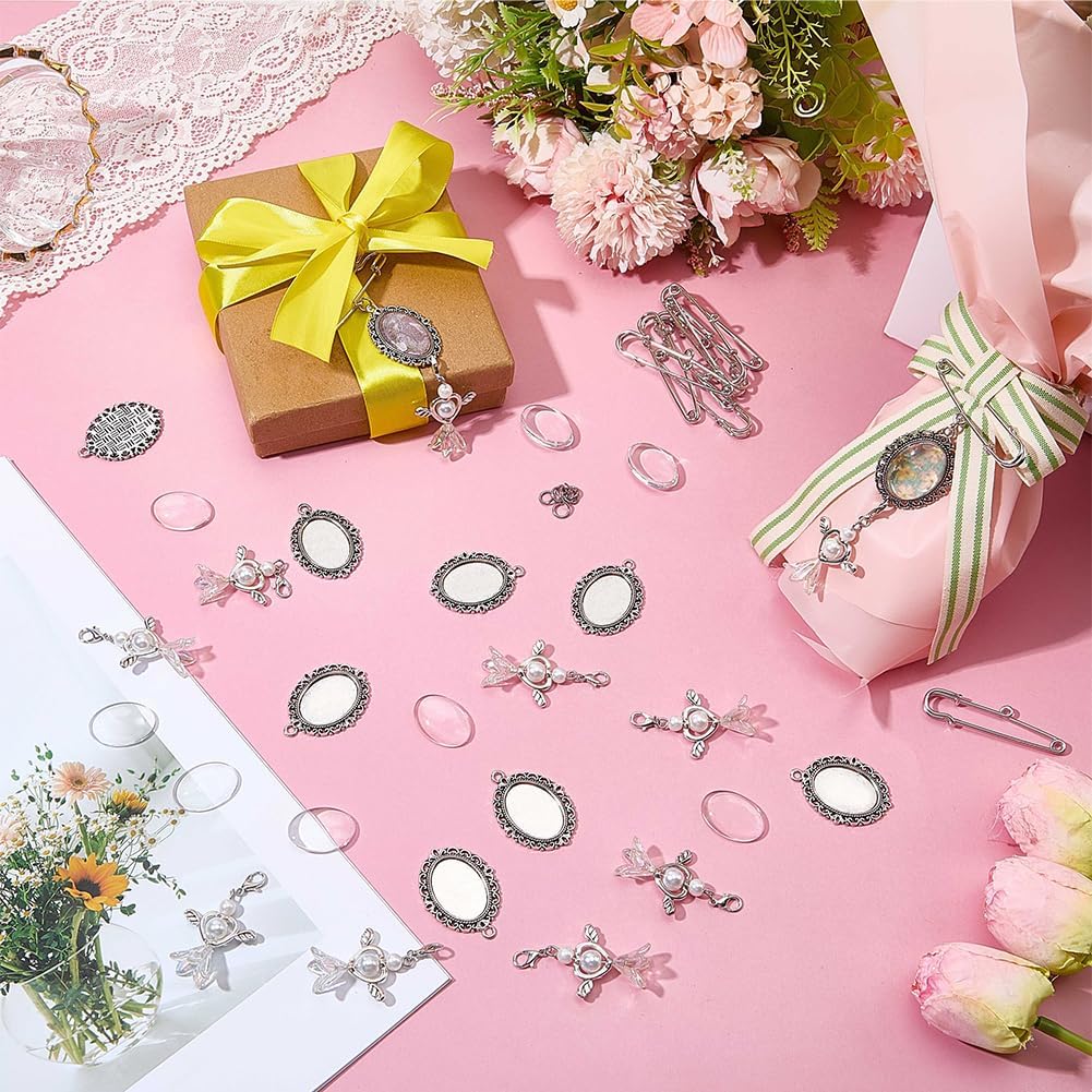 SUNNYCLUE 1 Box 50Pcs DIY 10 Sets Wedding Bouquet Photo Charms Memorial Photo Charm Pin Brooch Making Kit Silver Angel Pendants Bouquet Pins for Bride Groom Wedding Party Gifts Flower Decoration image 4