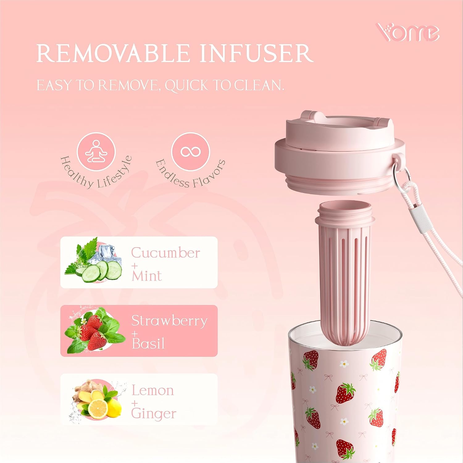 YOME 17oz Strawberry Pink Ceramic Lined Insulated Coffee Mug with Infuser for Women| One-handed Pop Open Lid | Stainless Steel |Keep Drinks Cold and Hot| 100% Leak Proof