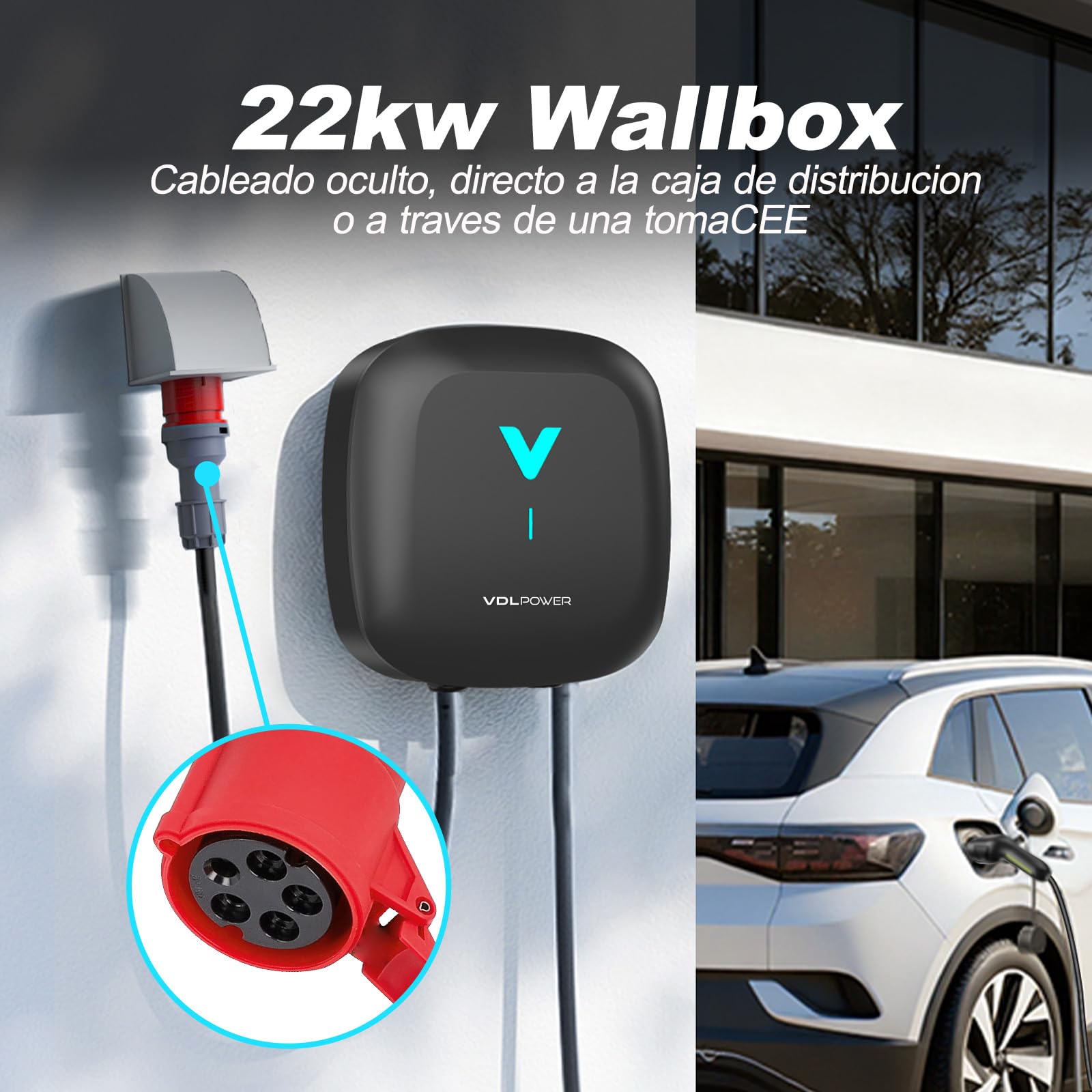 VDLPOWEREU Wallbox , Cargador para Vehículo Eléctrico 22kW,6-32A Type 2 Trifásico, Wi-Fi, Bluetooth, Interior/Exterior, soporte de enchufe, Protección IP67 para BEV/PHEV - 3