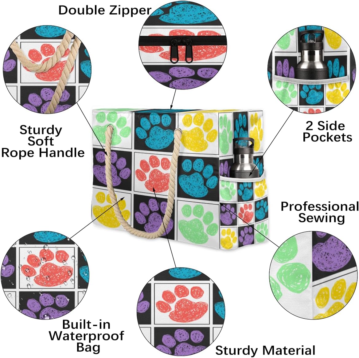 Painted Grid Dog Paw Prints Beach Bag for Women Waterproof Sandproof Tote with Zipper Cotton Rope Handles for Travel Pool Gym Shopping