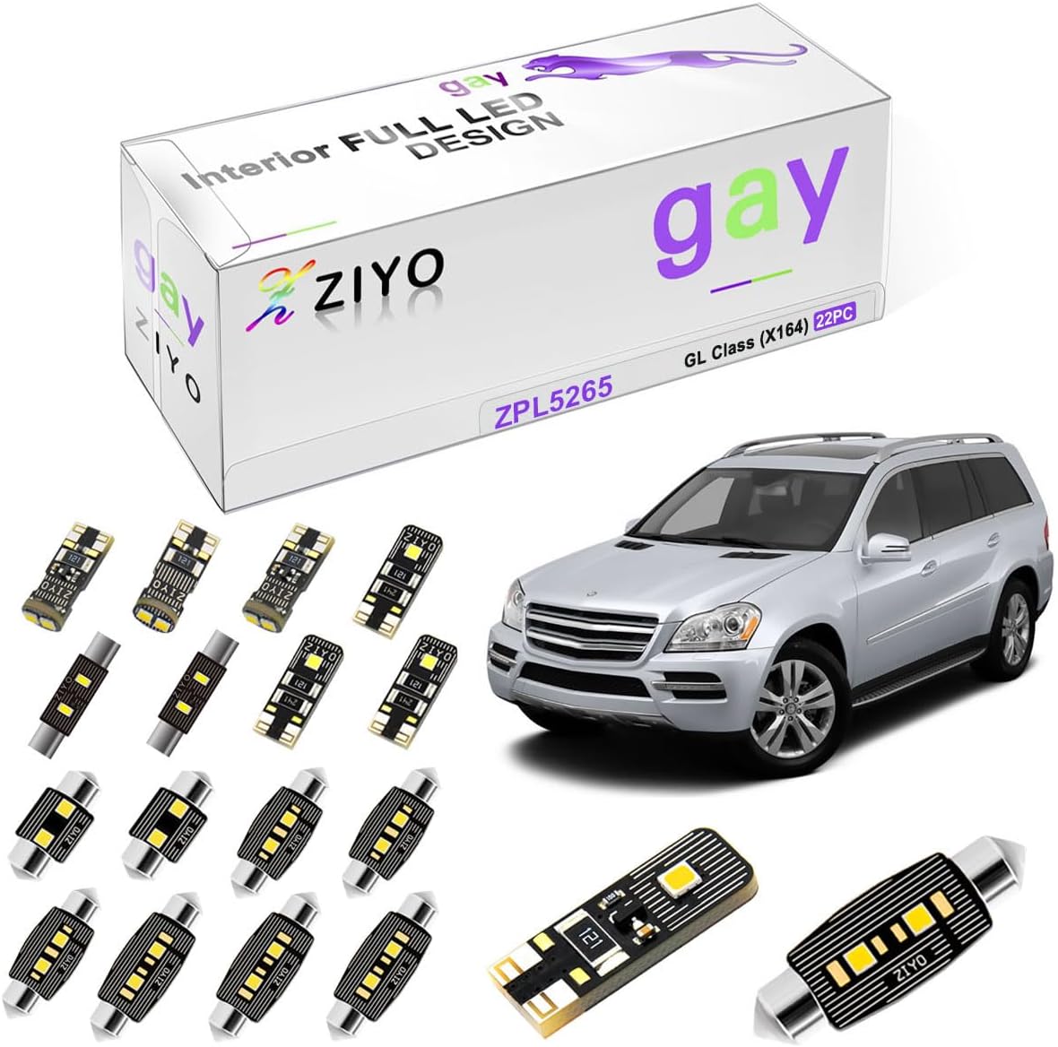 ZIYO ZPL5265- (22 Bulbs) LED Interior Light Kit for Mercedes Benz X164 GL Class 2007-2012 + License Plate Light Bulbs Package, Xenon White Dome Lights Upgrade Error Free