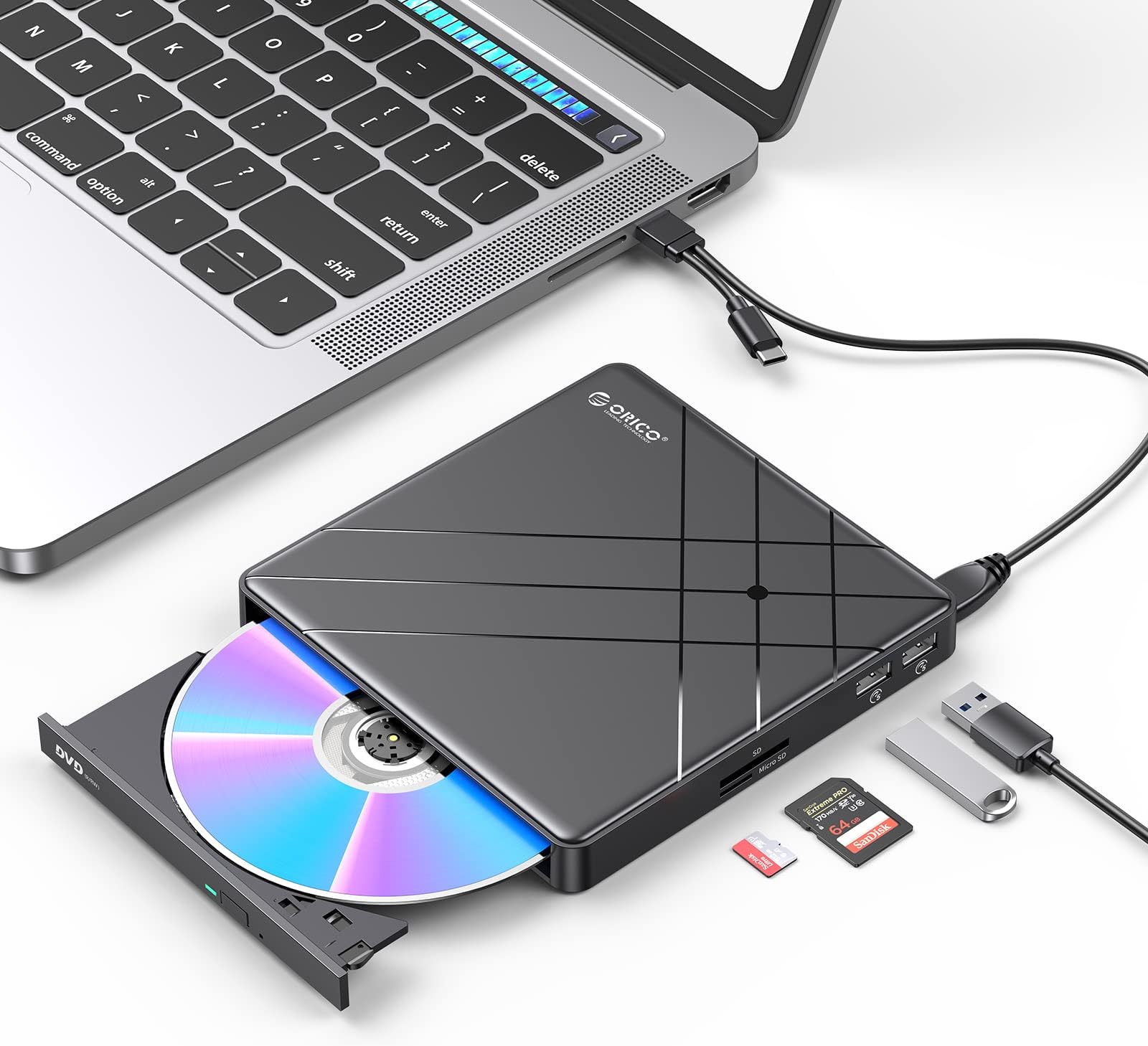ORICO External DVD CD Drive USB 3.0 Type-C CD Burner Portable CD/DVD +/-RW Drive/DVD Player with USB Ports and TF/SD Card Slots Compatible with Laptop Windows Linux OS Mac
