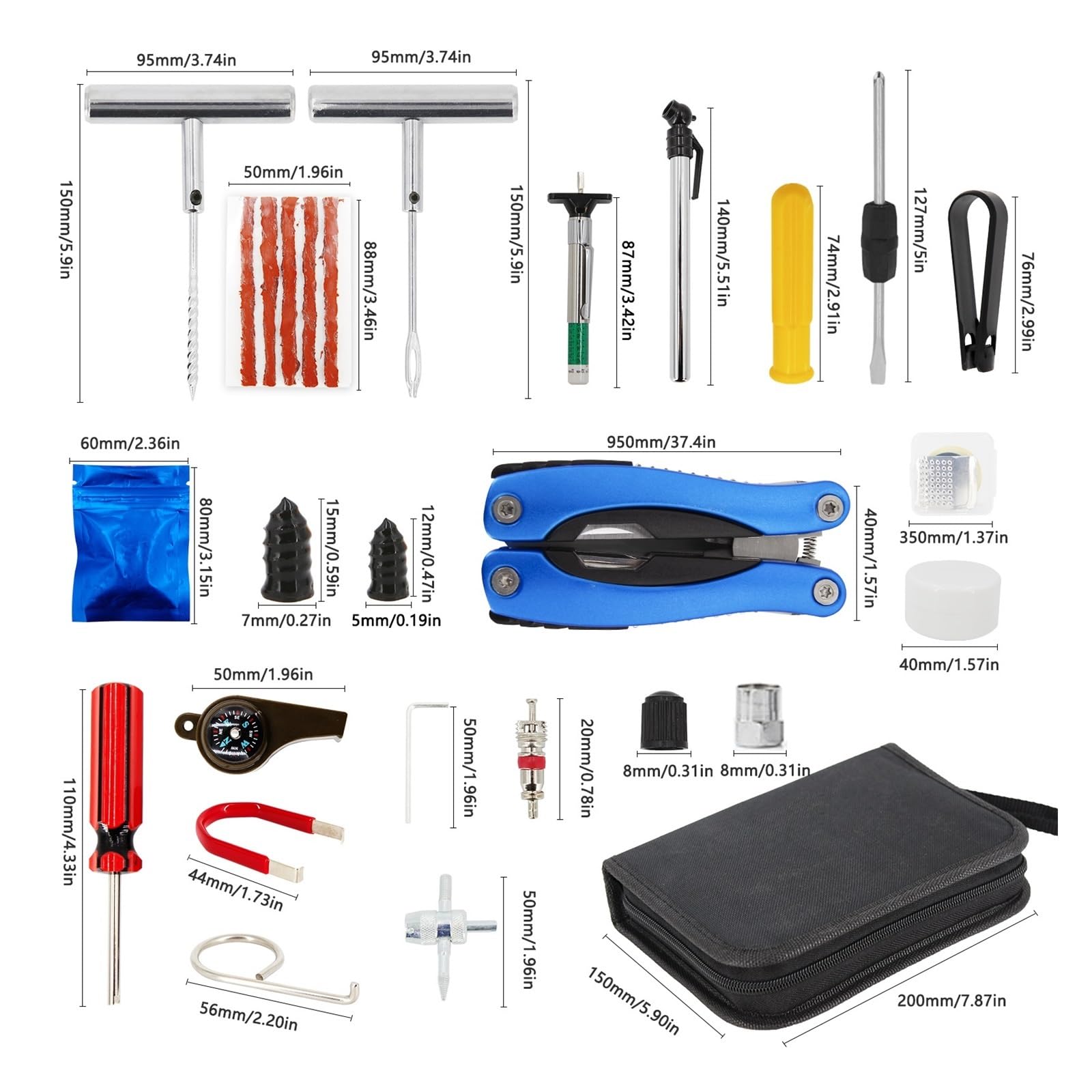 Herramientas de reparación de neumáticos de Coche, alicates multifunción 13 en 1, reparación de neumáticos al vacío, Clavos for Reparar pinchazos y Tapones Planos, Kit de Parche Universal