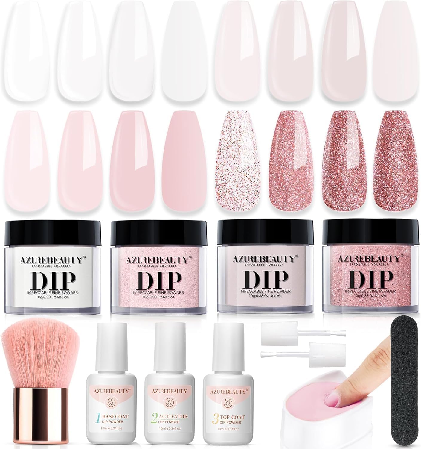 AZUREBEAUTY Glitter Soft Pink French Dip Powder Nail Kit | with Base Coat, Top Coat and Activator Liquid, Suitable for All Seasons, Ideal for DIY Manicure and Salon Use