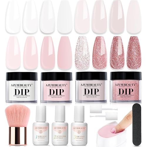 AZUREBEAUTY Dip Powder Nail Kit Starter, 4 Colors Glitter Soft Pink French Nail Art, with Base Coat, Top Coat and Activator Liquid, Suitable for All Seasons, Ideal for DIY Manicure and Salon Use