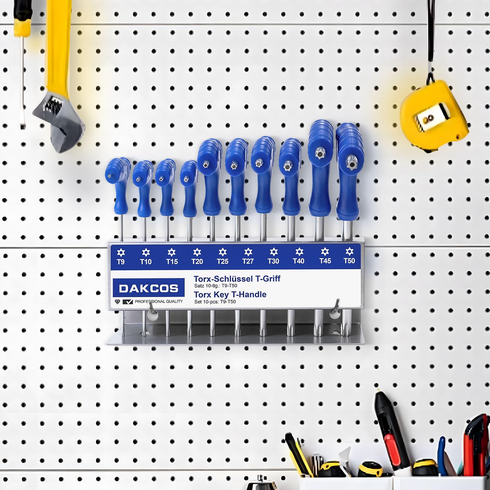 DAKCOS 10 pcs Jeu de clés Allen Torx avec poignée en T Clés mâles Torx avec trou frontal pour Vis TORX femelles T9-T50, Cr-V