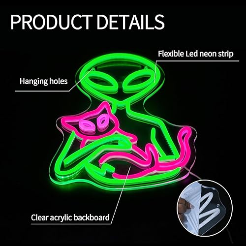 Miniatura 6 de Letrero de neón de alienígena para decoración de pared, regulable, luces LED de gato para dormitorio, luz de neón verde para sala de juegos, cueva