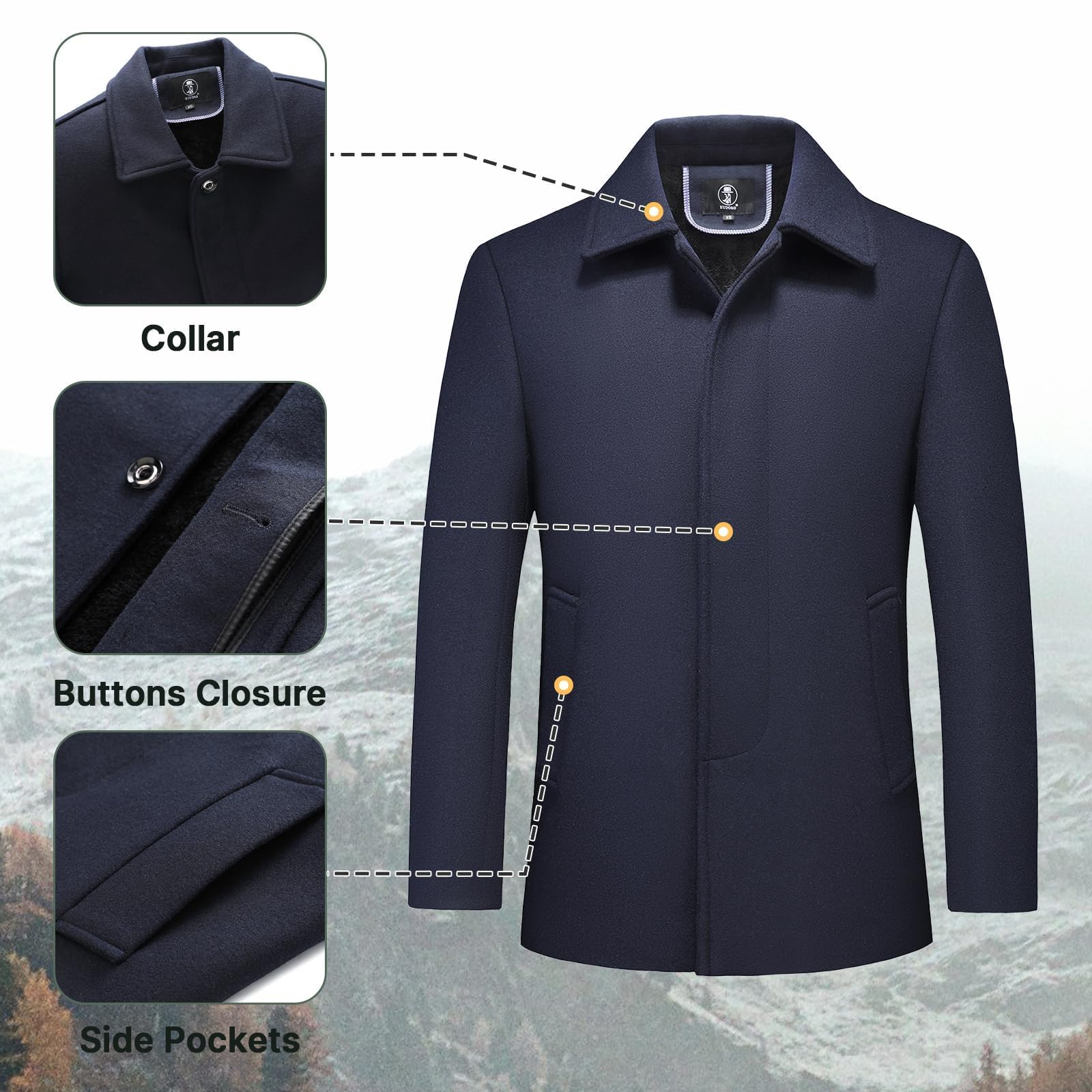 KUDORO Manteau Homme en Laine Chaud pour Hiver Trench Coat Classique Caban Parka Pardessus Slim Fit Business Duffle-Coats Coup-Vent Revers Overcoat