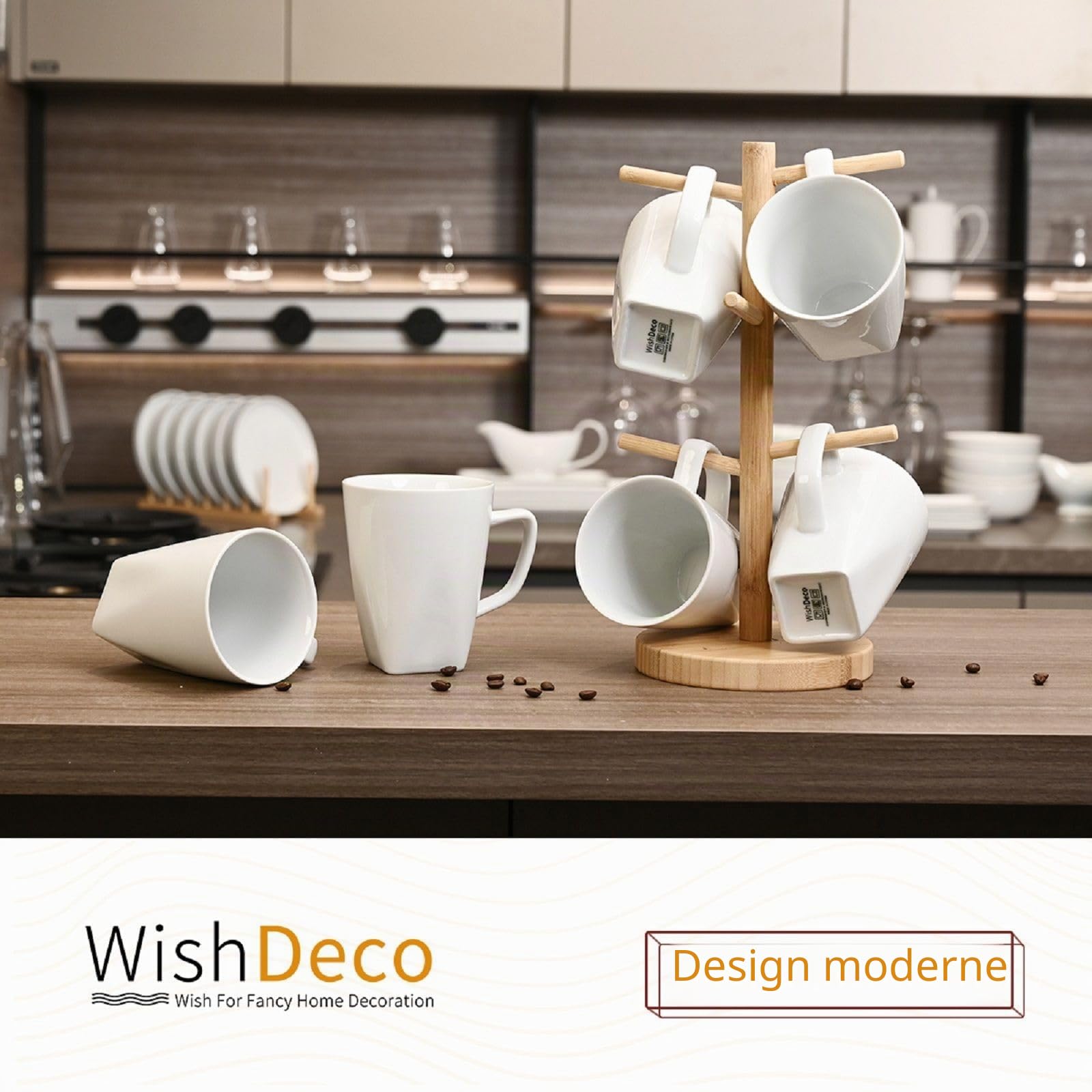WishDeco Lot de 6 Tasses à Café, Mugs Blancs en Céramique 400 ml | Tasses à thé avec Anse, Grandes Tasse pour Lait, Jus de Fruit, Chocolat Chaud, Cappucino, Café latte, Fond Carré
