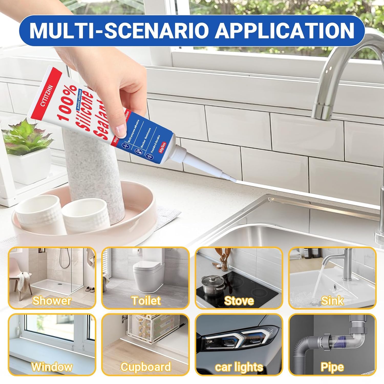 No Caulking Gun Needed – 100% Waterproof & Flexible Silicone Caulk, High-Strength, Weather Resistant, Multipurpose for Auto/Home/Kitchen/Bath/Window – Crack Proof (Grey, 85g/3oz)