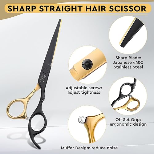 Miniatura 3 de JASON Juego de 10 tijeras profesionales de corte de pelo, tijeras de adelgazamiento y texturización de 6.5 pulgadas, tijeras rectas para hombres,