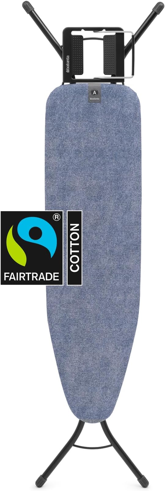 Brabantia Compact Ironing Board with Left/Right Adjustable Steam Iron Rest | Small (Size A) | Fairtrade Denim Blue Cover | Adjustable Height (27-38"), Easy Fold, Anti-Collapse Lock, Non-Slip Feet