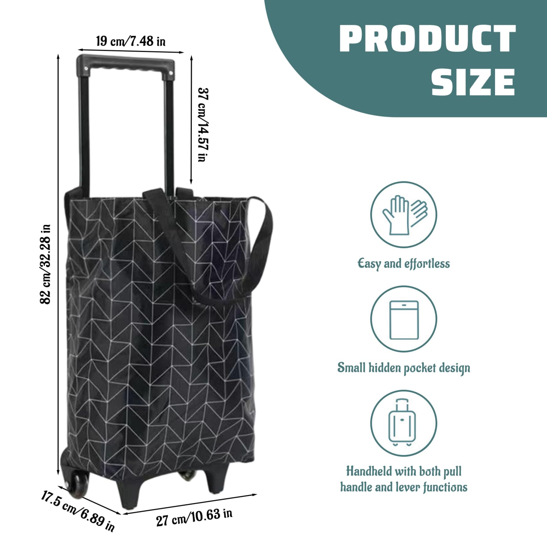 1 -pC -Einkaufstasche auf Rädern, wasserdicht Faltbarer Einkaufswagen, tragbare Wiederverwendbare Trolley -Taschen mit teleskopischem Griff, schwarzes Diamantmuster.