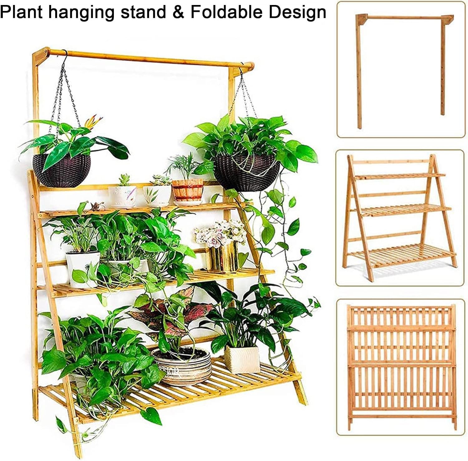 3-poziomowa Drabina Bambusowa Półka Na Rośliny Sadzarka Zewnętrzna Półki Ekspozycyjne Wiszące Składany Stojak Na Doniczki Organizer Wieszak Na Ubrania, Natural, L 70cm(27.5in)