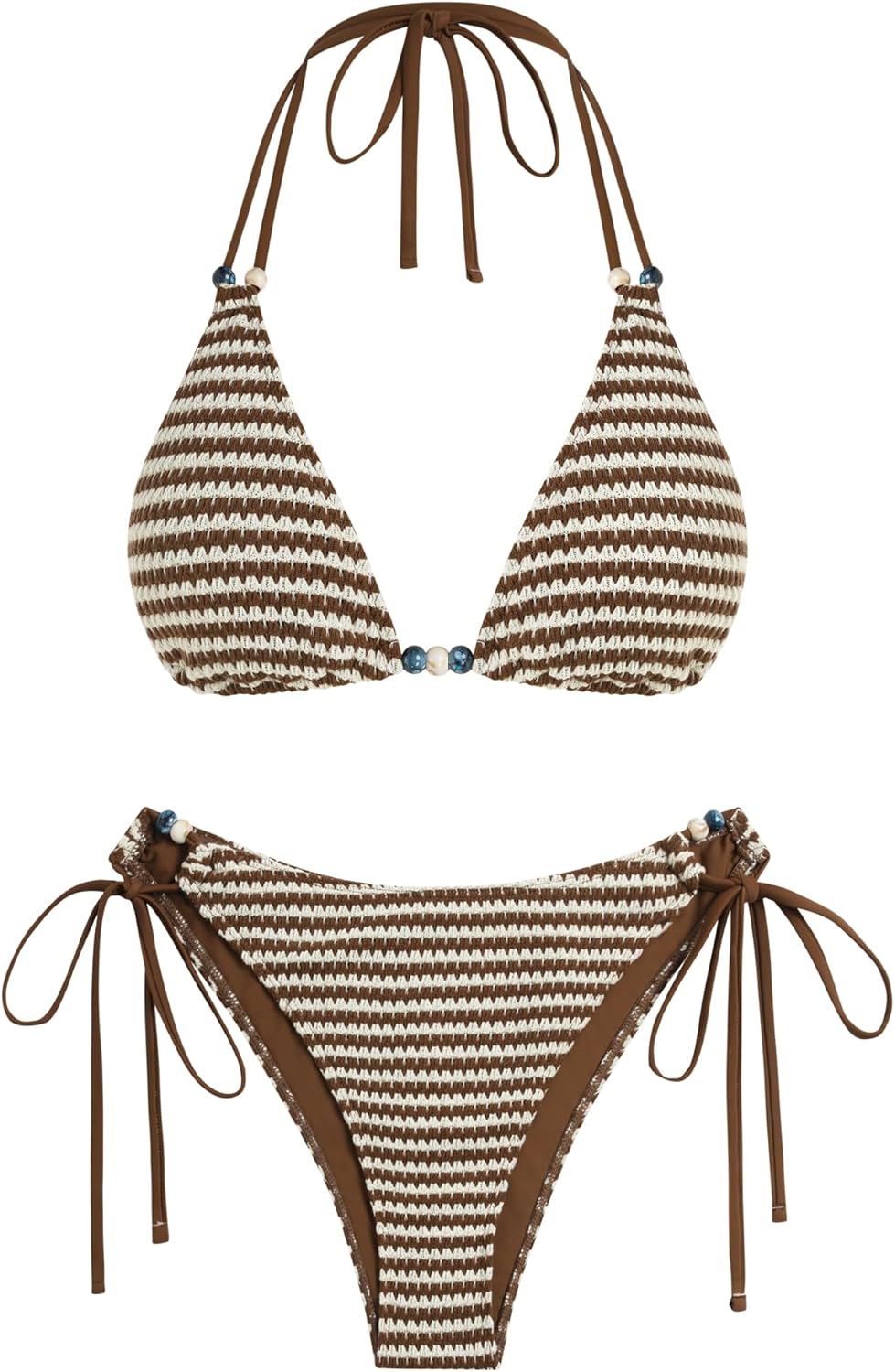 ZAFUL Women's Triangle String Bikini Set Boho Tie Side Two Piece Swimsuit Straps Halter Beads Bathing Suit