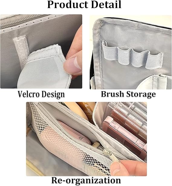 Standing Makeup Bag Portable, Large Capacity,Waterproof Multipurpose Stand Up Toiletry Bags With Compartments, Stationery Organizer With Compartments, Beige