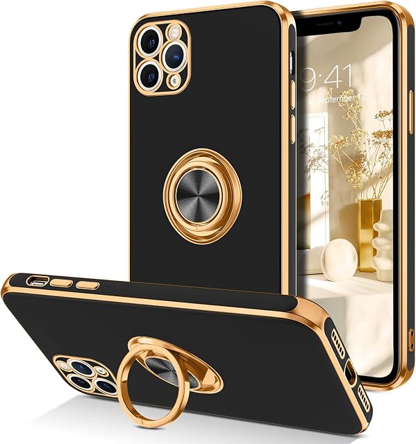 DOMAVER iPhone 11 Pro Max Case with 360° Ring Holder, Shockproof Slim Kickstand Magnetic Support Car Mount Women Men Non-Slip Protective Phone Case for iPhone 11 Pro Max 6.5", Black/Gold
