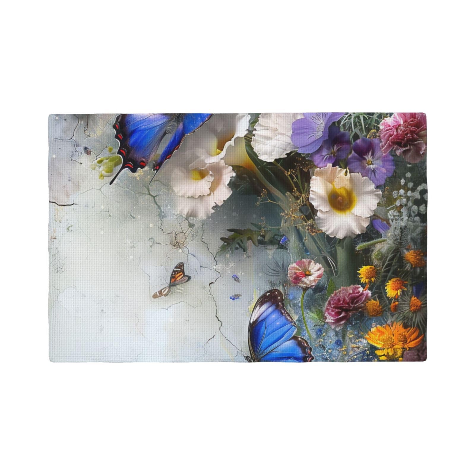 Flowers and Butterfly Print Placemats Set, Heat Resistant Washable Placemat 12x18in Table Mats for Party Kitchen Dining Table Decoration Indoor Outdoor, Four Pieces