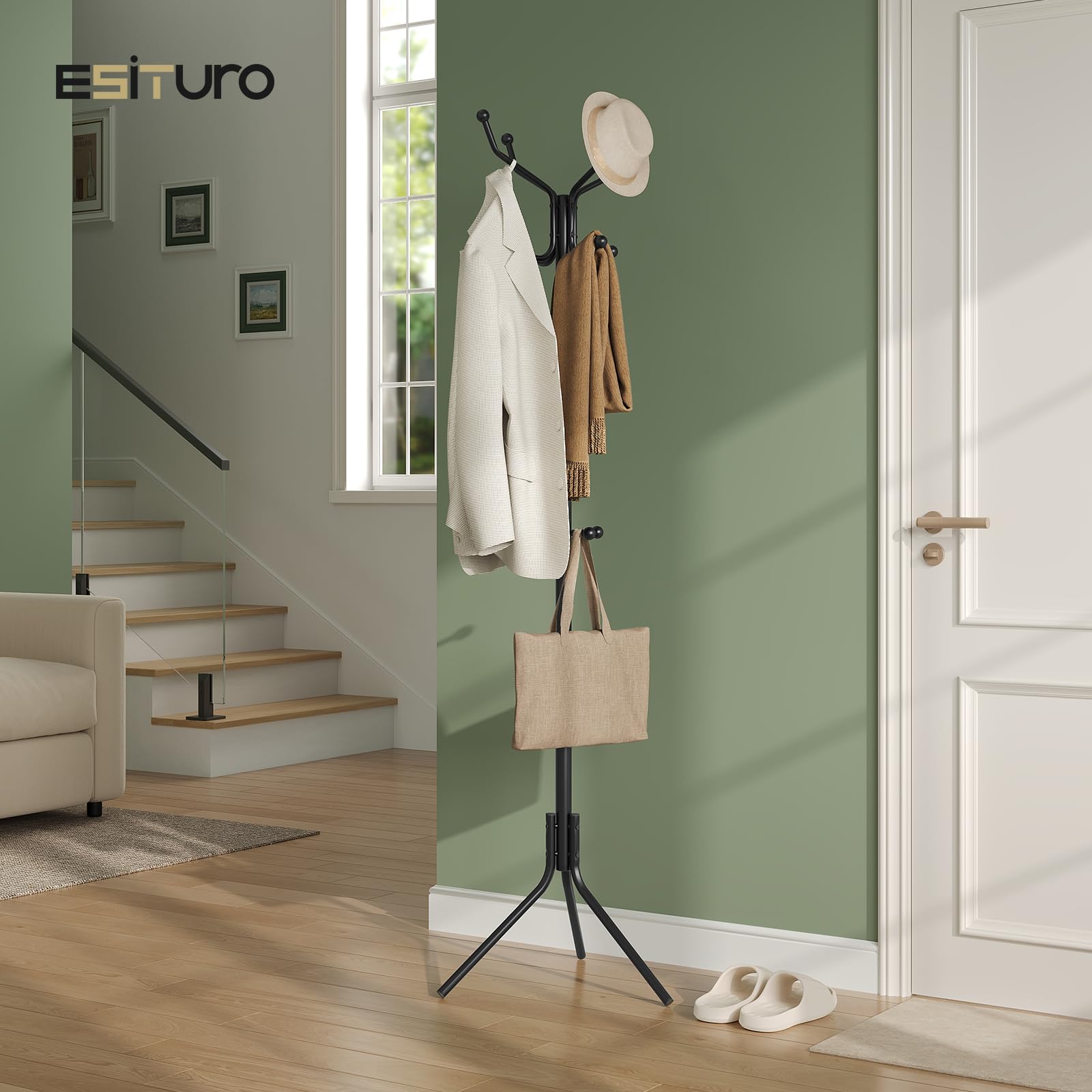 eSituro Appendiabiti Autoportante con 12 Ganci, per Corridoio, Camera da Letto, Guardaroba, Ufficio, Mobile a Forma di Albero in Metallo per Vestiti, Cappelli e Borse, 45x40x173 cm, Nero | Albero tascabile con 12 ganci, appendiabiti in metallo, per soggio