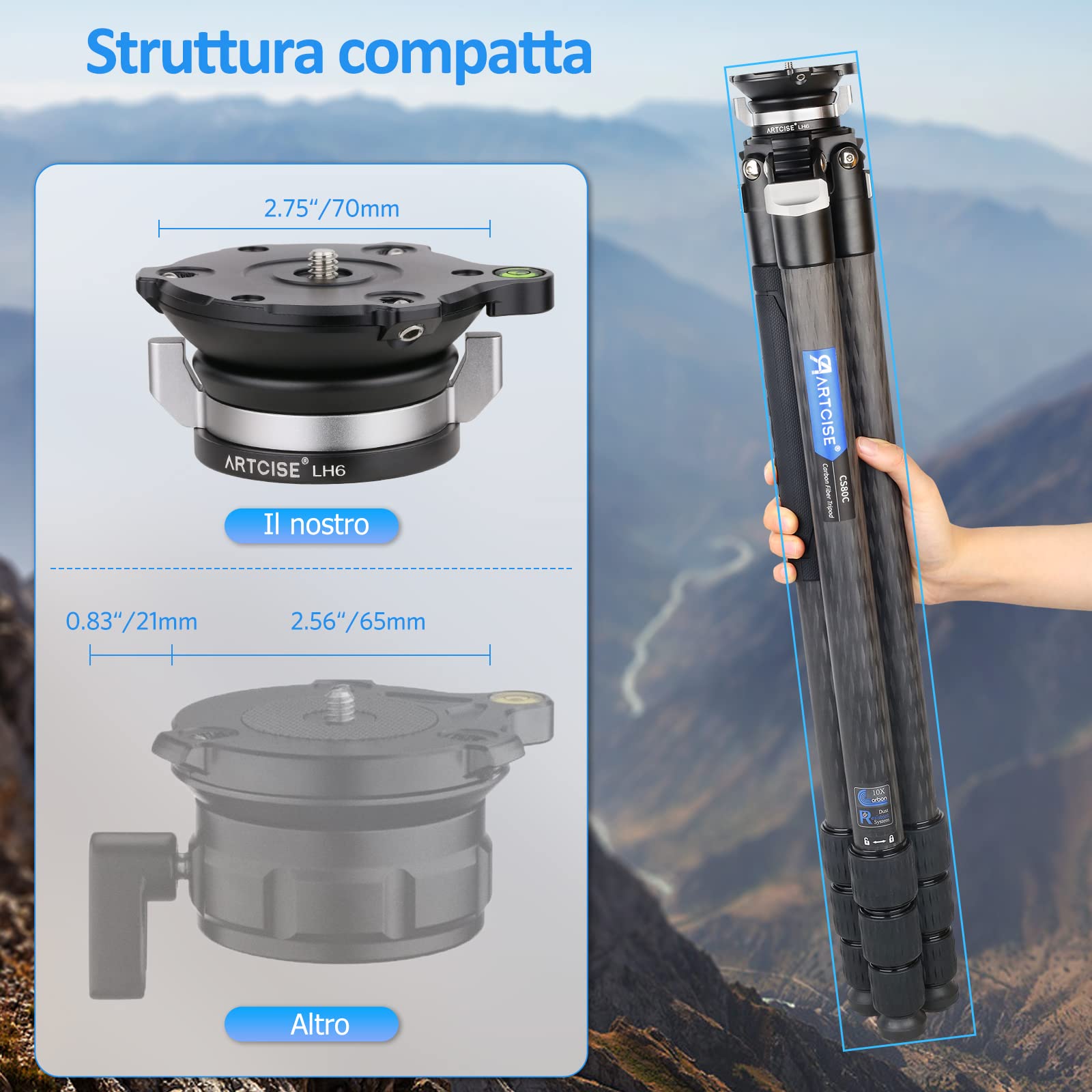 ARTCISE LH6 base di livellamento, manopola di bloccaggio ergonomica +/-15° inclinazione orizzontale regolazione testa del treppiede per Canon Nikon Sony fotocamera DSLR, carico massimo 20kg
