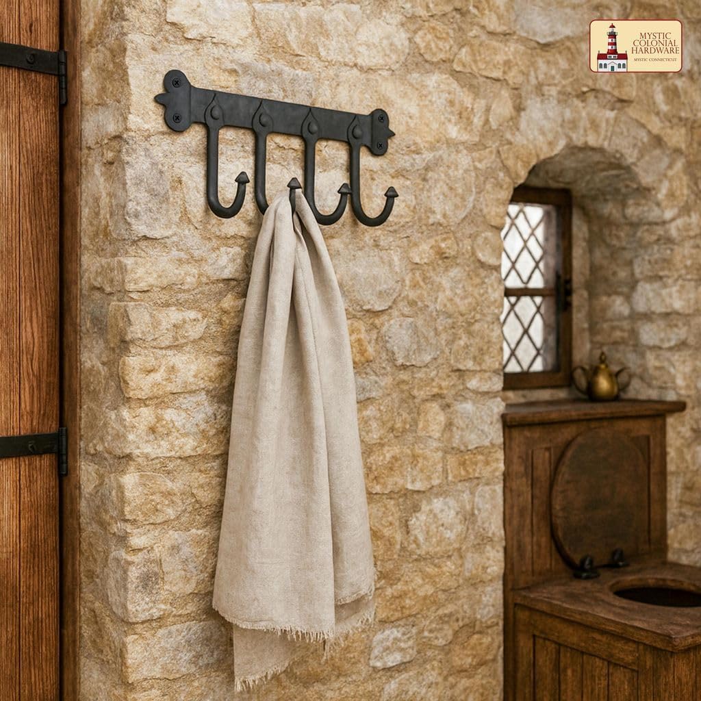 Mystic Colonial Medieval Rustic Hand-Forged Iron Wall Mounted Coat Rack (1 Pc, 4 Hooks) (5 in x 11 in) | Vintage Black Finish Heavy-Duty Utility Hanger for Coats, Towels, Keys & Bags