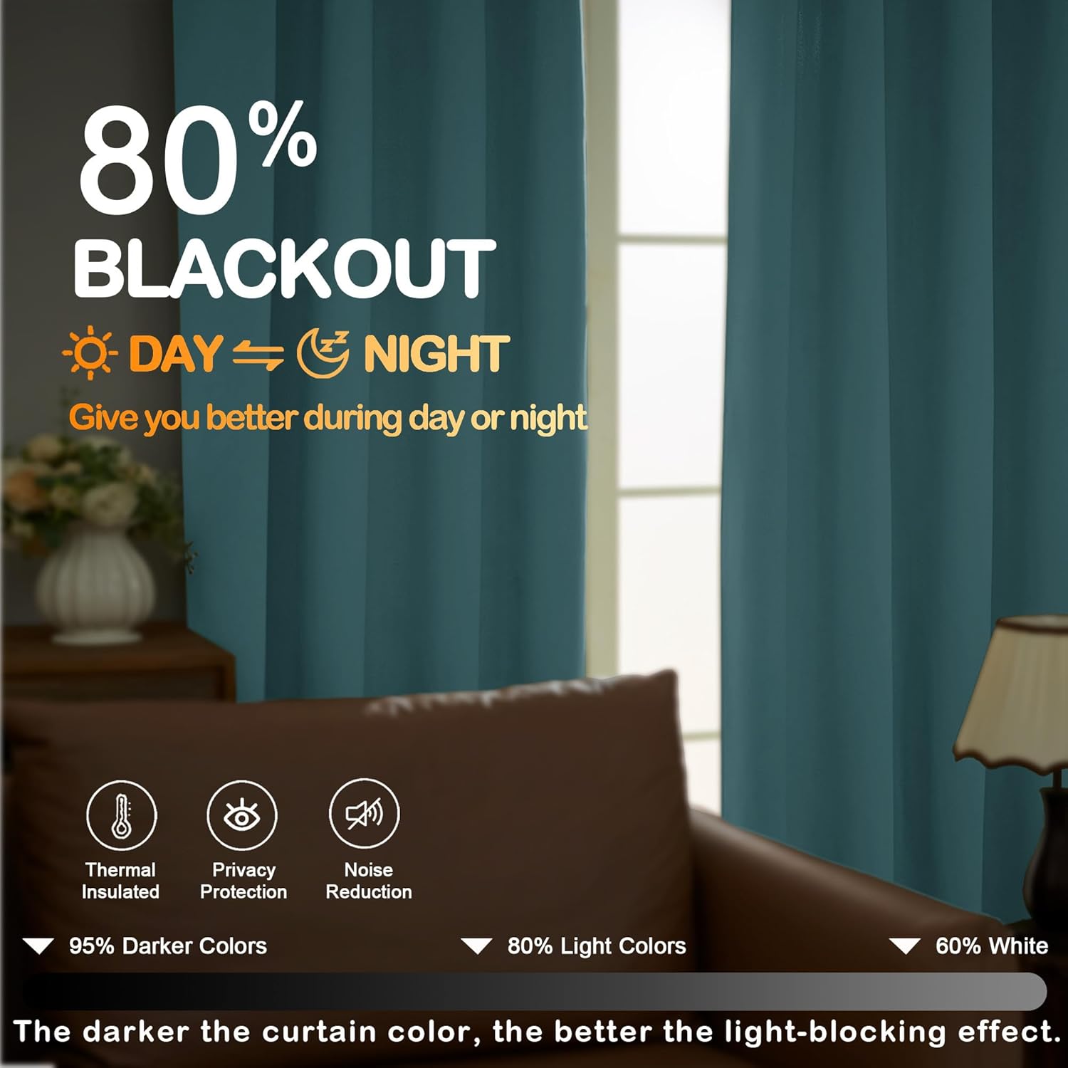 OVZME Aqua Blackout Curtains for Bedroom 72 Inch Length 2 Panels Set, Thermal Insulated Curtains for Living Room Nursery, Dual Rod Pocket Window Drapes for Patio French Door Front Door, 2x40Wx72L