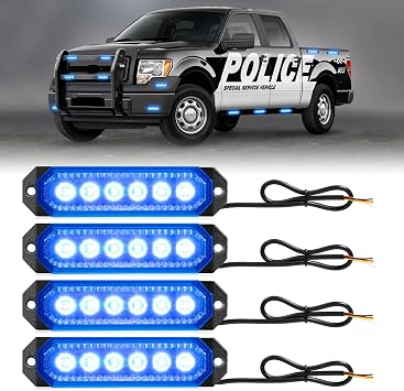HLauto 406T Emergency Strobe Grille Lights 4Pcs 6 LED Sync Feature Safety Warning Flashing Light, 12V-24V Ultra Slim Surface Mount Hazard Caution Light for Truck, Vehicle, Car, ATV, UTV Blue