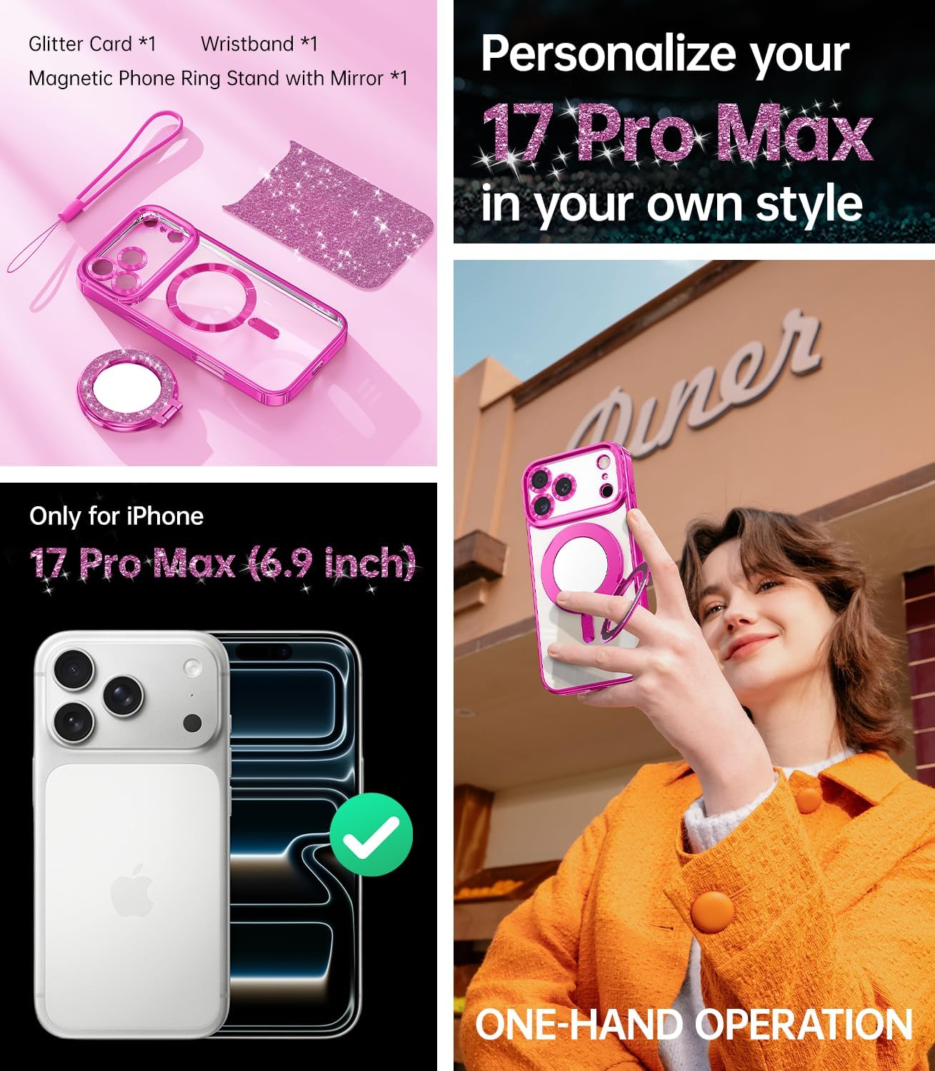 Meifigno Magnetic Case Designed for iPhone 17 Pro Max with Removable Phone Ring Stand, Glitter Card & Wrist Strap, Compatible with MagSafe, Built in Mirror, Phone Ring Holder + Case Kit, Hot Pink