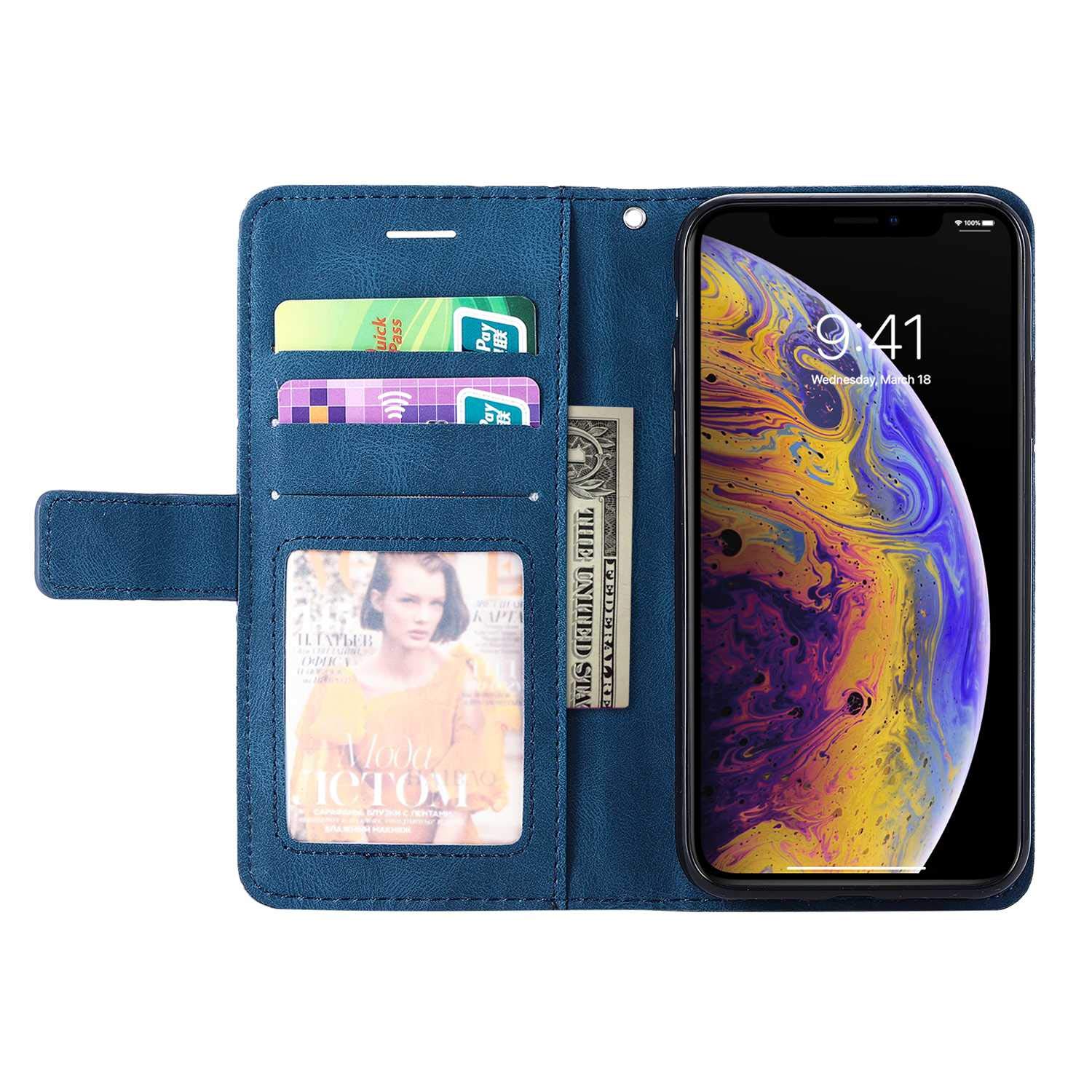 Fatcatparadise Cover per iPhone XS/iPhone X (5,8 Pollici), Flip Caso in PU Pelle Case Cover Libro Portafoglio Protettiva Custodia con TPU Antiurto,[Kickstand ][Slot per Schede][Magnetica] (Blu