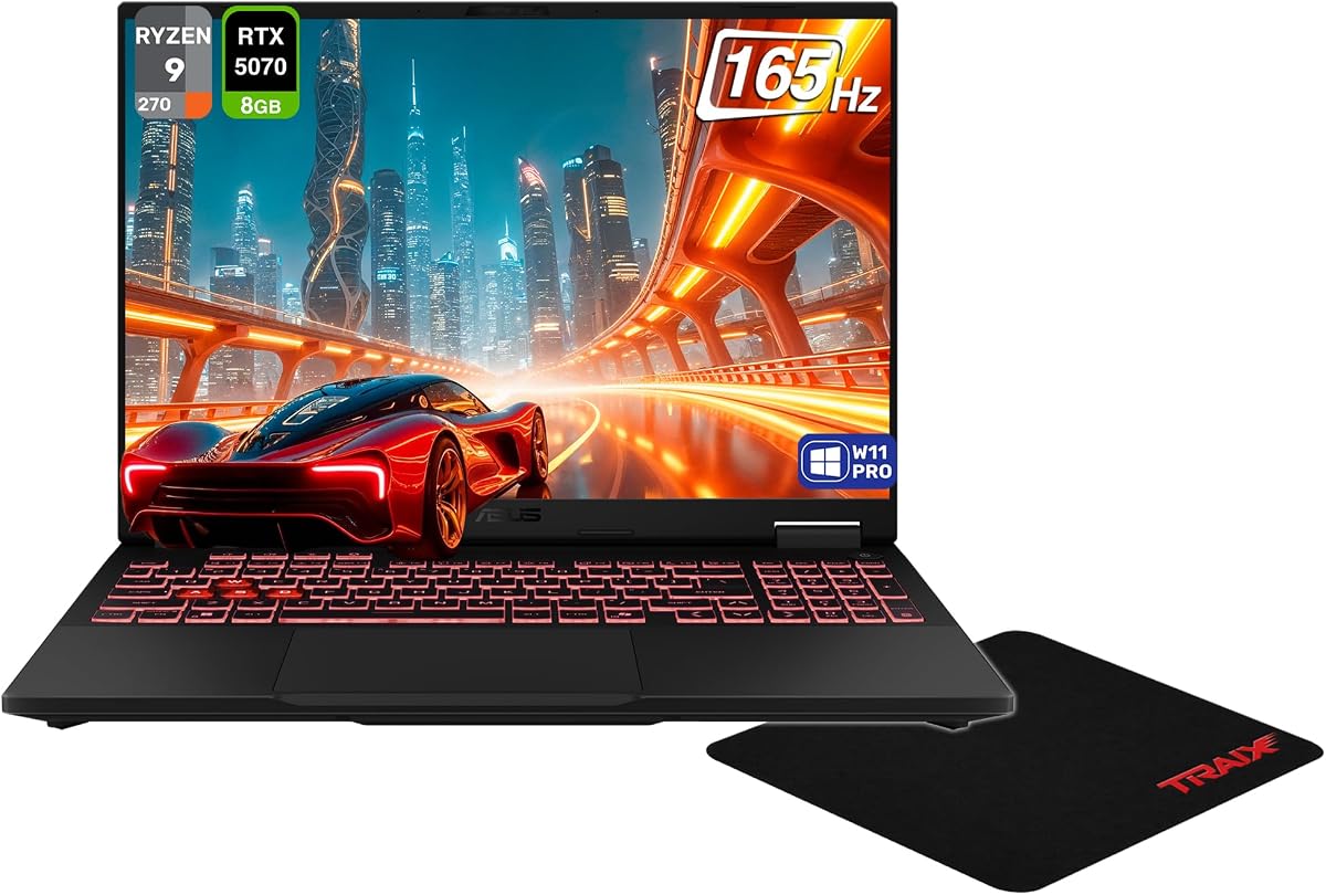 Portátil para juegos TUF A16 Copilot+, AMD Ryzen AI 9 270, 64 GB DDR5 RAM, (1 TB + 4 TB) PCle SSD, 16" FHD+ (1920x1200) 165 Hz, Nvidia G-Force RTX 5070, teclado RGB de 1 zona, W11 Pro + alfombrilla para ratón Traix